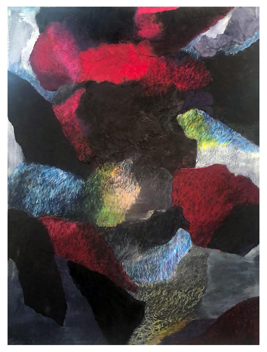 This is a mixed media piece (paper, acrylic paint, and colored pencil. Colored pencil is used to shade and alter some of the base colors. The piece appears heavy and dark; images seem to float in space; but light comes through in and around the shapes that dominate the picture space.