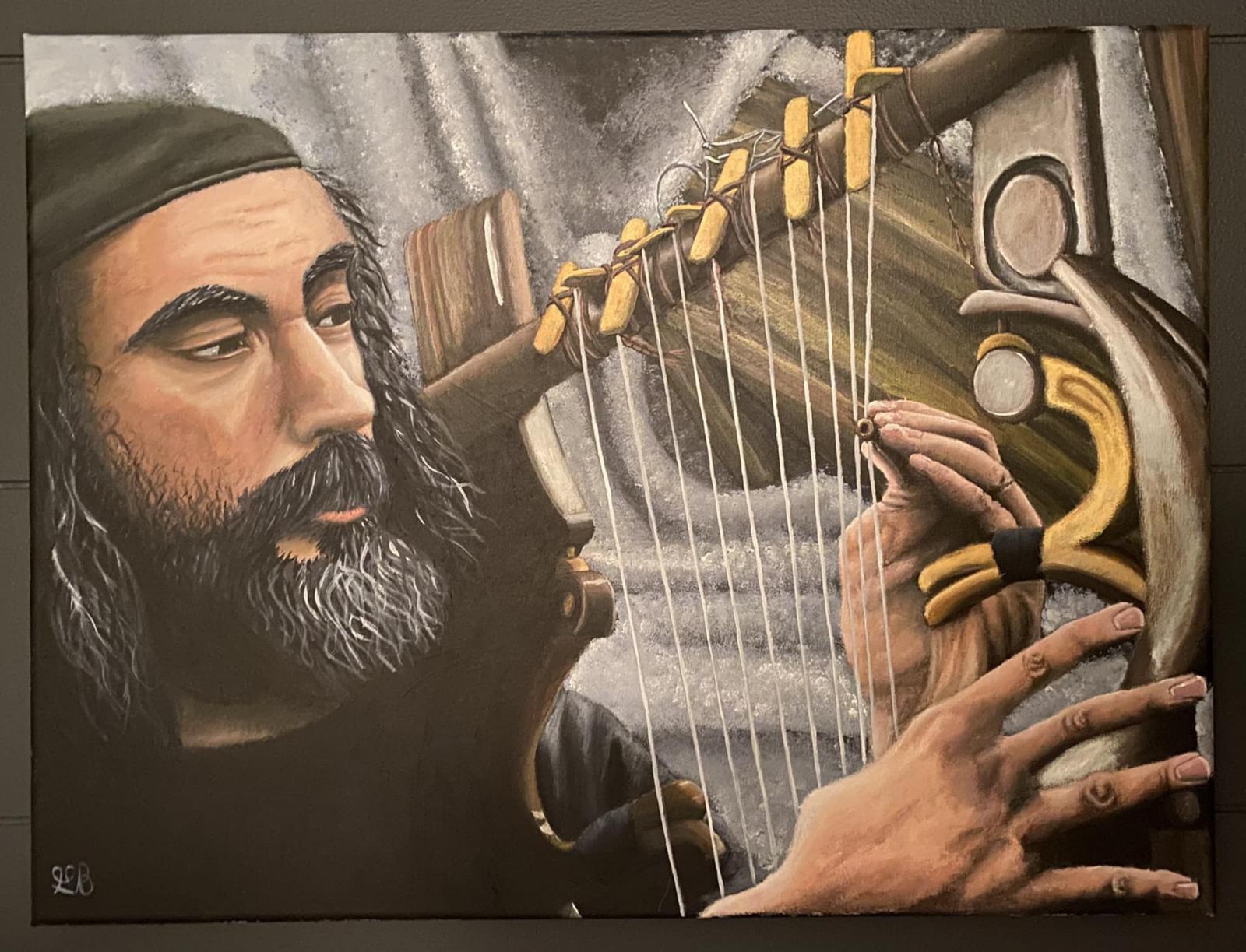 This piece was completed with acrylic paint on canvas. It features a portrait of a musician playing an instrument known as the ancient Greek Lyre.