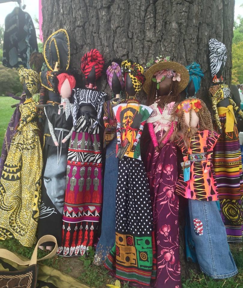 Handmade dolls, made from fabric and recycled and discarded items. Beads, flowers, laces and trims were used to design their costumes and adornments. They are about 35 inches tall. Each doll is one-of-a-kind.