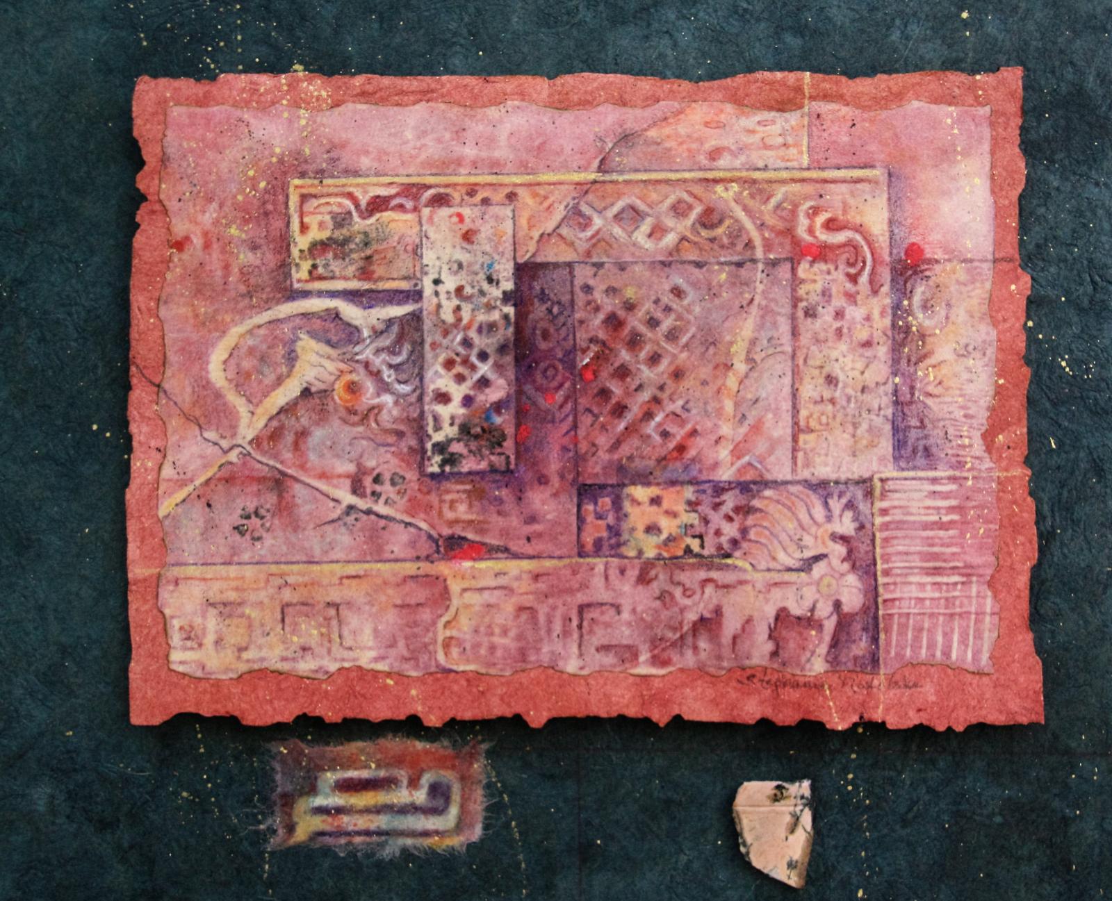 Image derived from imaginative maya glyphs, factual interior murals from painted temple at Tulum, remnants of salvaged paintings (mine), and stone (not from the temple site). Handmade paper, collage, monotype with pure pigments, colored pencil, and gold metallic.