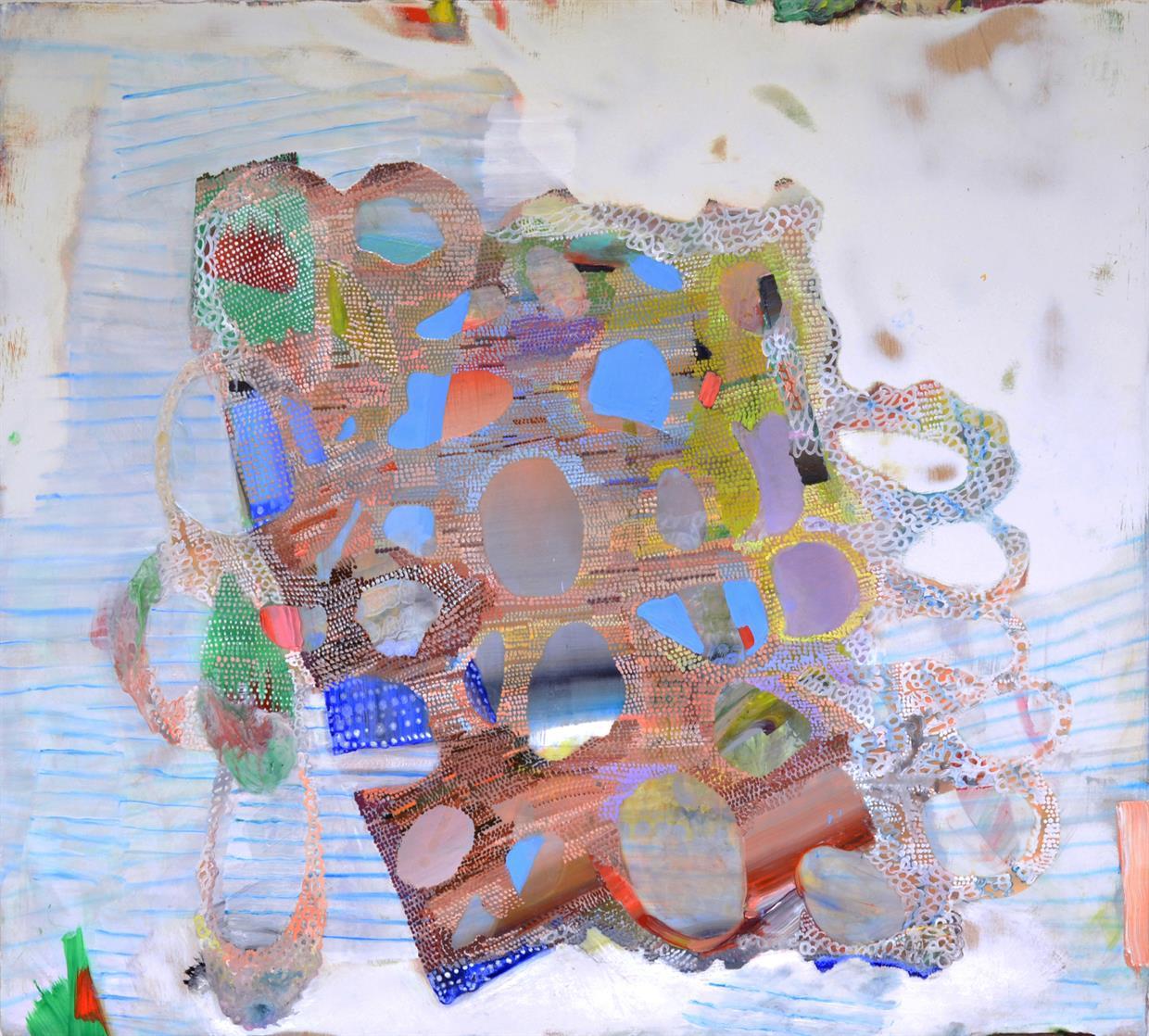 This is an oil painting on panel using mediums Liquin and Galkyd. I often sand away sections with an orbital sander to open up spaces and re- work areas.