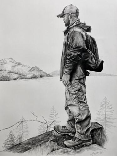 This is a drawing of my father, somebody who loves hiking and exploring nature in every place he visits and lives. The connection between nature and humanity is highlighted here, with how the ethereal beauty of nature can be observed by the human eye and experienced in many different ways.