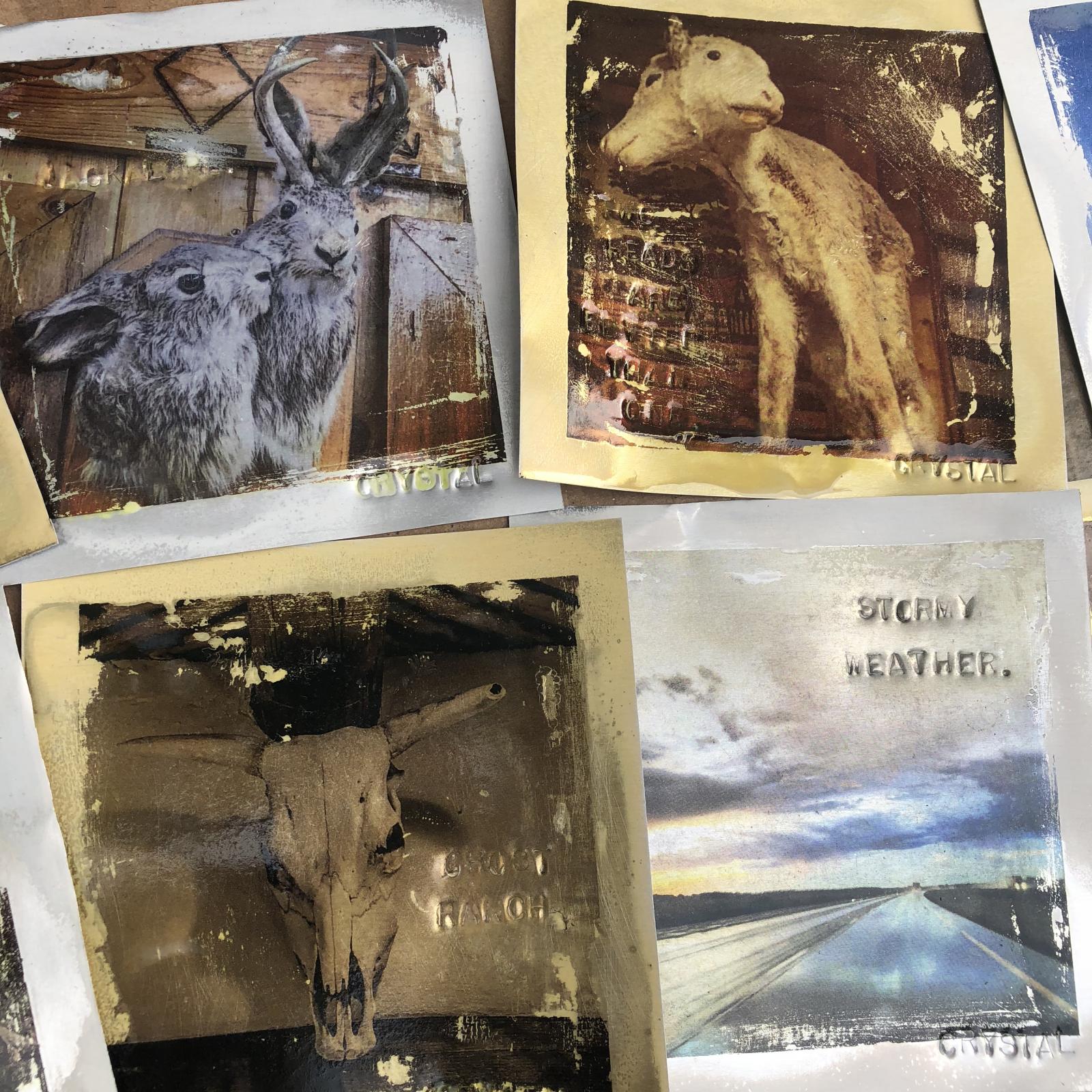 My photo works on metal, hand transferred and crafted.