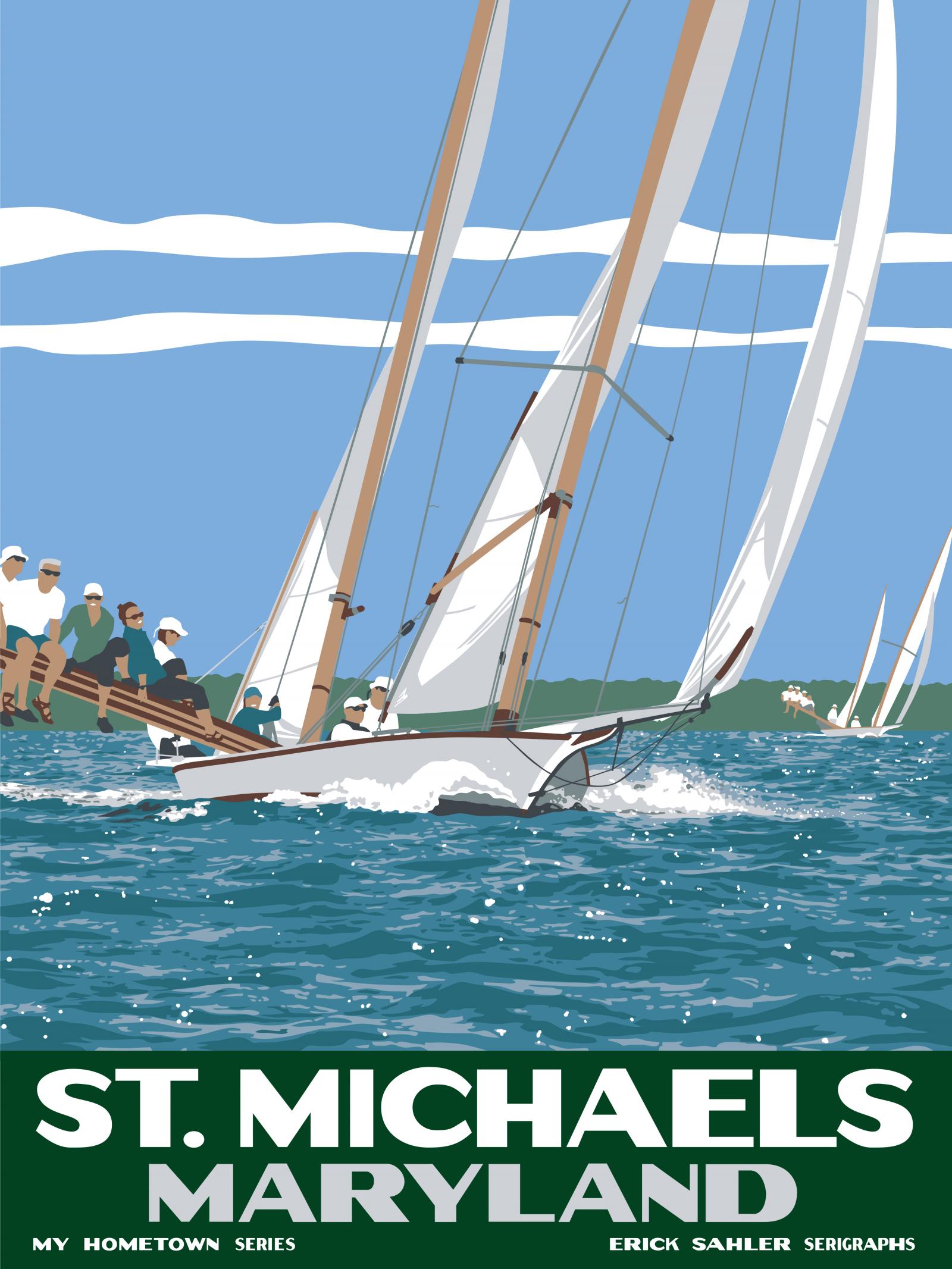 Silkscreen print celebrating log canoes and St. Michaels, Md.