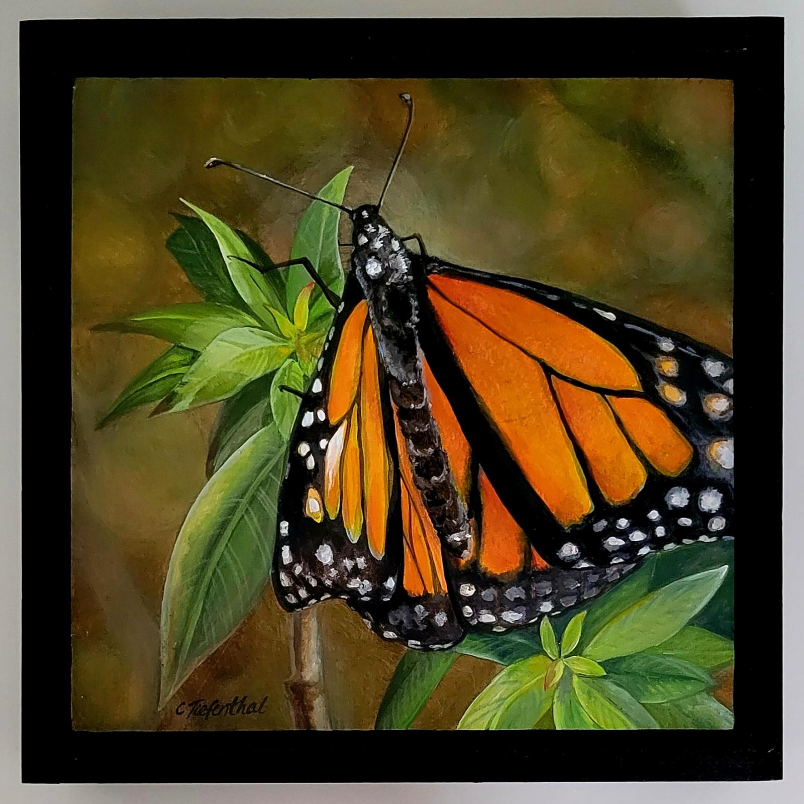 Acrylic on canvas of a monarch butterfly on foliage.