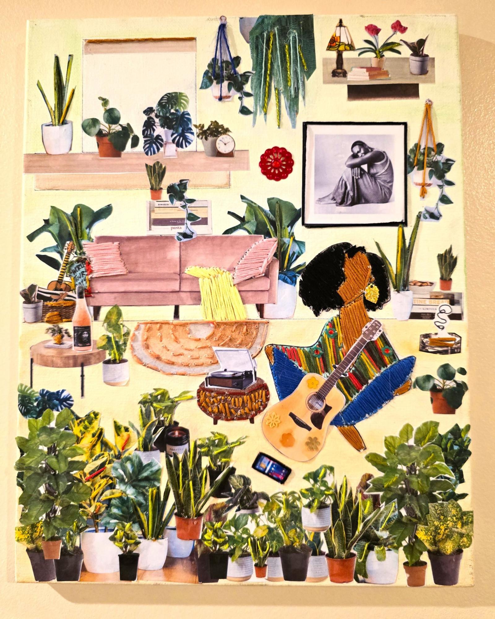 My intent is to provide a glimpse inside of my living room, detailing my passion for houseplants. As a plant parent, I feel like I never have enough and need more to make my home feel complete. I often ask myself, how many plants it would take to satisfy my visual desire.
The materials used are thread, print media, sequins, and paint. I incorporated an illustration of myself along with a guitar and record player, as I immensely enjoy music. The thread used created dimension, which invites the viewer to look closely at each item and to form their own relationship.
When it comes to the things you love, “more,” really is never enough.