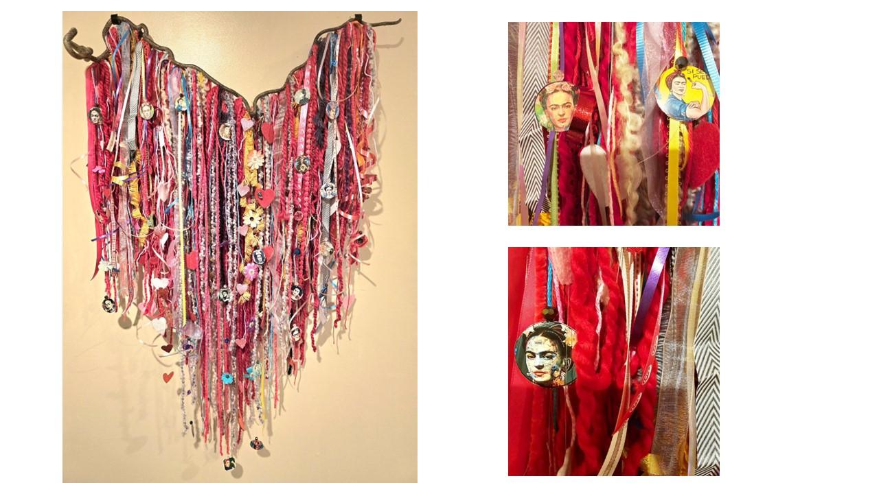 Ms. Frida is a sculpture created to showcase the inner beauty and strength of artist Frida Kahlo. This introduction provides the viewer a glimpse inside her person and profession. Her work is a twisted beauty compiled of tormenting pain and heartbreak. It is this that inspired me to want to pay homage to her.
The use of materials was intentional and seeks to create a conversation based on unconventional beauty standards. The grapevine used, interprets her physical strength. The twists, turns, and kinks, like Frida may seem odd however are mythically beautiful, hence the free-flowing strands of yarn attached.
Frida's unique fashion has pushed her forward as a force in pop-culture. Her bold brow is internationally known, duplicated and replicated as there is no escaping her gaze. This gaze often portrayed straight forward can be found in advertisements for cosmetics, clothing, jewelry, and home decor.
Often in her self-portraits, flowers adorned her hair. I chose to carry this over in this sculpture. I also included hearts; to symbolize the love I have for her work and the courage she exuded. To know Ms. Frida, is to know color and passion for life.
