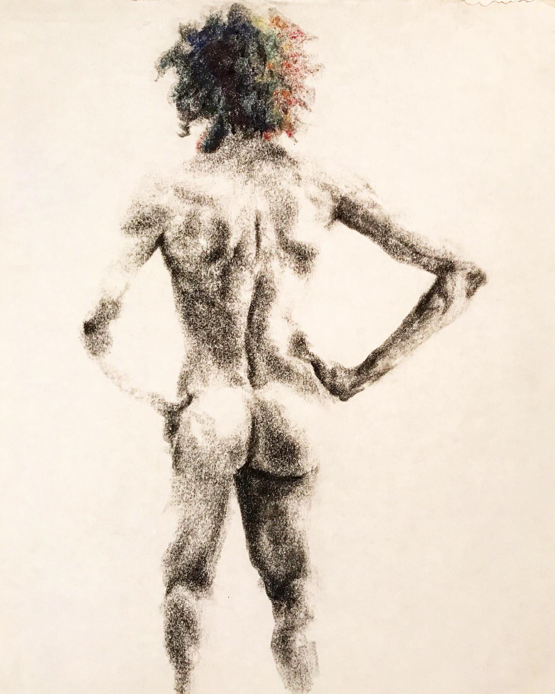 Figure drawing of a nude male model from the back.