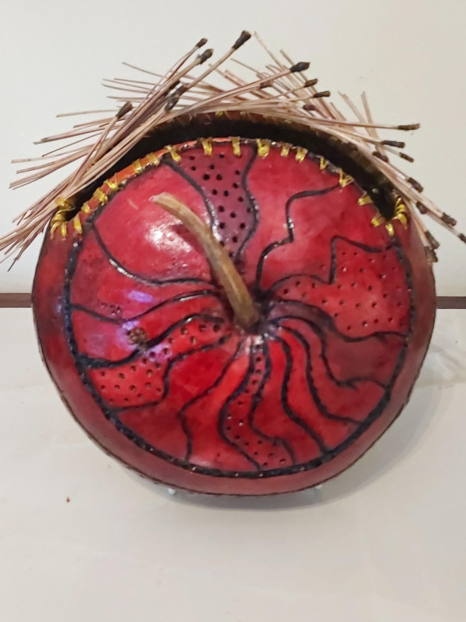 Cnteen gourd, gold paint, alcohol ink,  pine needles