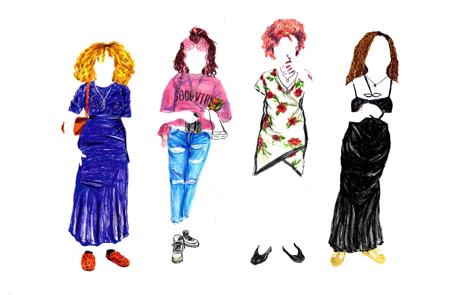 20" x  30" acrylic painting of the hair and outfits worn by NeNe, one of my refugee students, in a single week in July 2023.