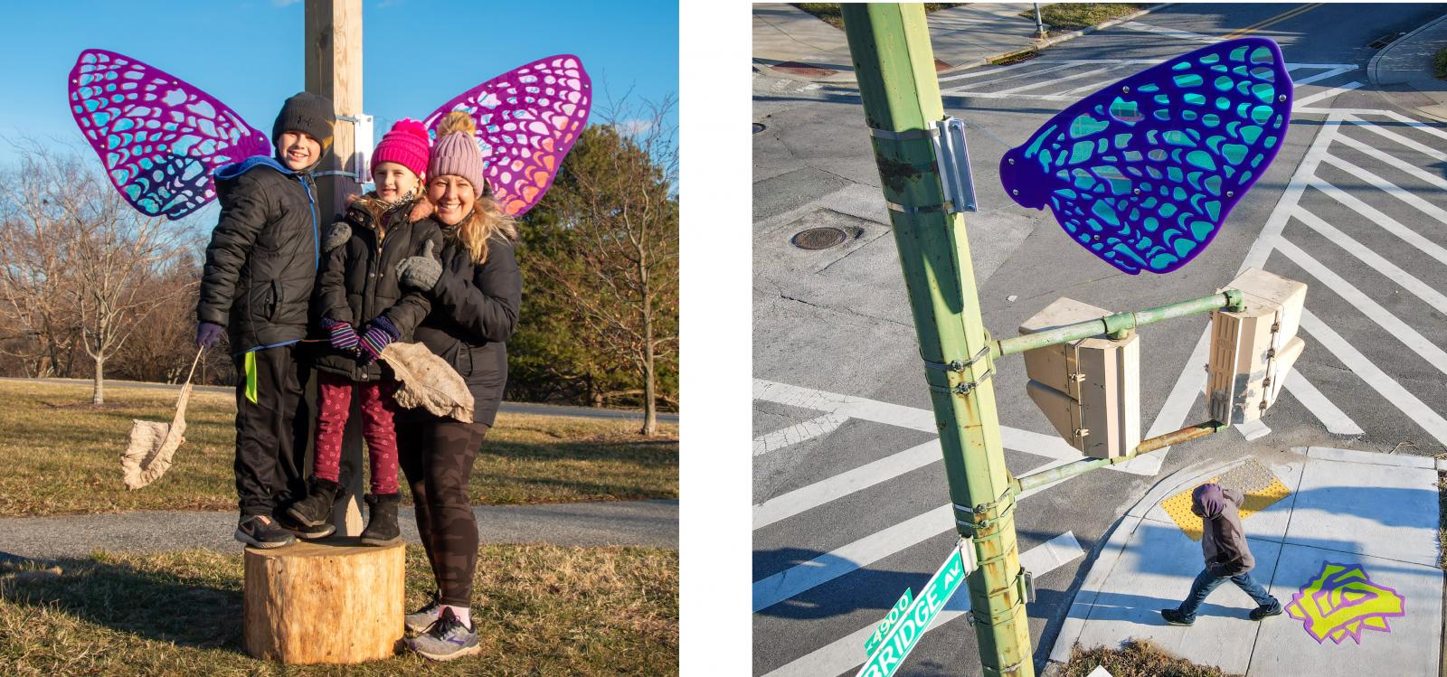 Baltimore Checkerspot Butterfly wings made in collaboration with fellow Baltimore-based public artist Graham Coreil-Allen, the Department of City Planning, Department of Recreation, Cylburn Friends, and Cylburn Combined Communities. This unique “wayfinding” public art project was designed for the Park Heights/Pimlico Community to highlight the walking path along Oakley ave between CC Jackson Recreation center, Pimlico Elementary Middle School and Cylbrun Arboretum. Signs fabricated by Lanningsmith Studio. Project supported by BOPA.