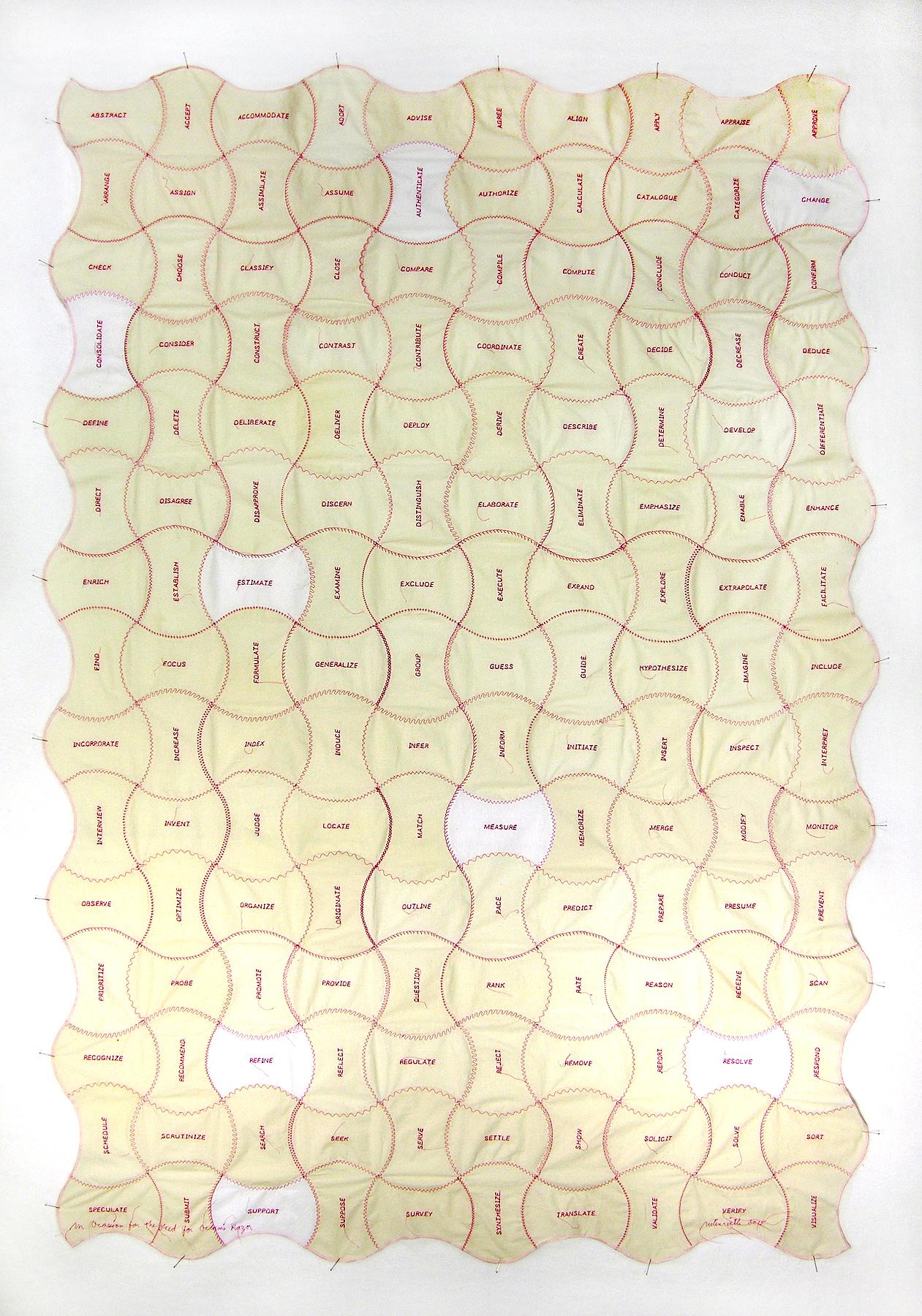 Machine embroidery on muslin using an old government study on cognition, on which the words are individually stitched onto the traditional quilt piecing pattern, "Double Axhead."