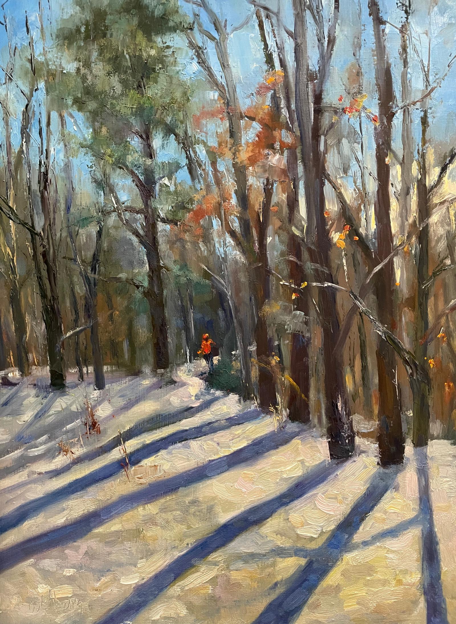 The snow on the ground and the trees create magical shadows. This captured my interest when the light hit the trees making these wonderful shadows in the snow. There was a lone walker trekking through the snow who made his way into my painting. Beautiful Baltimore City.