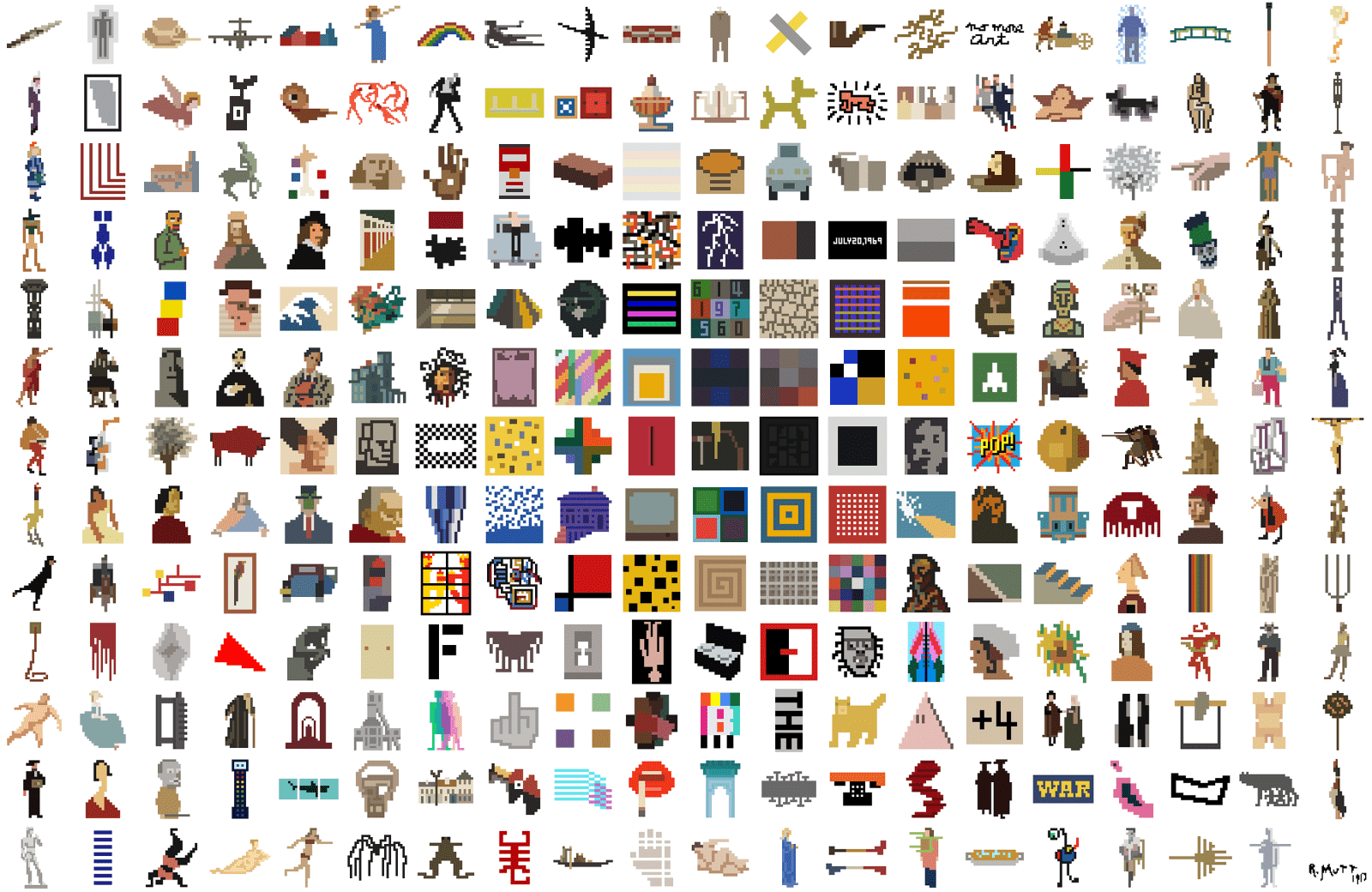 Having spent countless hours in my studio and not venturing out much during to the pandemic, I had the time to look toward art history and visual culture as reference points in developing a new project. Titled “The Periodic Table of Art Elements,” my intention was to breakdown and reconstruct an imagining of its various eras, trends, styles and individual artist works as neural networks, the manner by which information is decoded, interconnected, and made interdependent. My goal here was to identify and then fuse the random and disparate visual languages I discovered throughout art history and then remake them in my own visual, pixelated vocabulary. Much like the famed periodic table of chemical elements, my project, using a scientific approach, creates a logical display and expressive presentation of art history’s most iconic works. The result of which, is both alien and familiar as it engages audiences to see that ubiquitous history from a universal point-of-view.