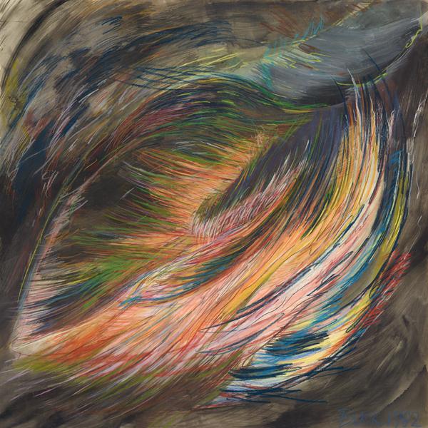 In Power Form II, Patricia translates the energy of motion into a striking visual rhythm. Sweeping graphite lines and dense passages of India ink traverse the surface, creating a tension between delicacy and force. The drawing unfolds as an orchestration of movement—marks surge, collide, and dissolve—capturing the raw immediacy of gesture in a single sustained act of expression.

Working on a scale more often reserved for painting, Buck has expanded the language of drawing into the realm of physical experience. The surface bears evidence of pressure, release, and revision, revealing both the artist’s control and her willingness to surrender to the spontaneous flow of line. Areas of deep black anchor the composition, while lighter, fluid gestures evoke breath and lightness.

Created in 1982, Power Form II exemplifies Buck’s early engagement with abstraction as a living process—one that balances energy and restraint, material and spirit. It is a meditation on power as a natural, dynamic state rather than an imposed force, offering viewers a direct encounter with the vitality of mark-making itself.

Power Form II exhibited in 2018 at the Alper Initiative for Washington Art in the Washington Women's Art Center Retrospective at American University, Katzen Art Gallery Museum, American University, Washington DC.  It is included in the catalog by the same name. 

The work is currently mounted on rag mat board attached to a structured wood backing with no glazing.