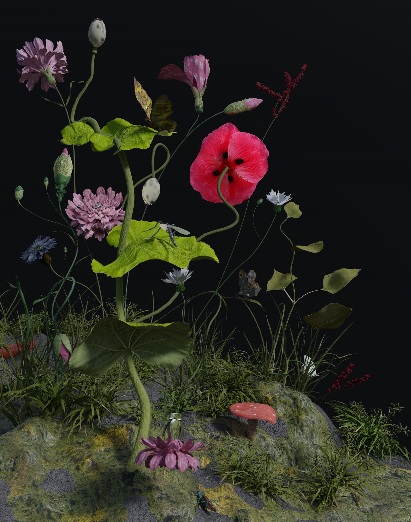 Part of "Future Sets," a series of digital prints on aluminum of images built in 3D modeling software, that draw upon Dutch flower painting and still life traditions. This work continues my artistic exploration of cultural narratives surrounding technology, bringing together art historical references and new forms of making to create a sense of the familiar made strange.