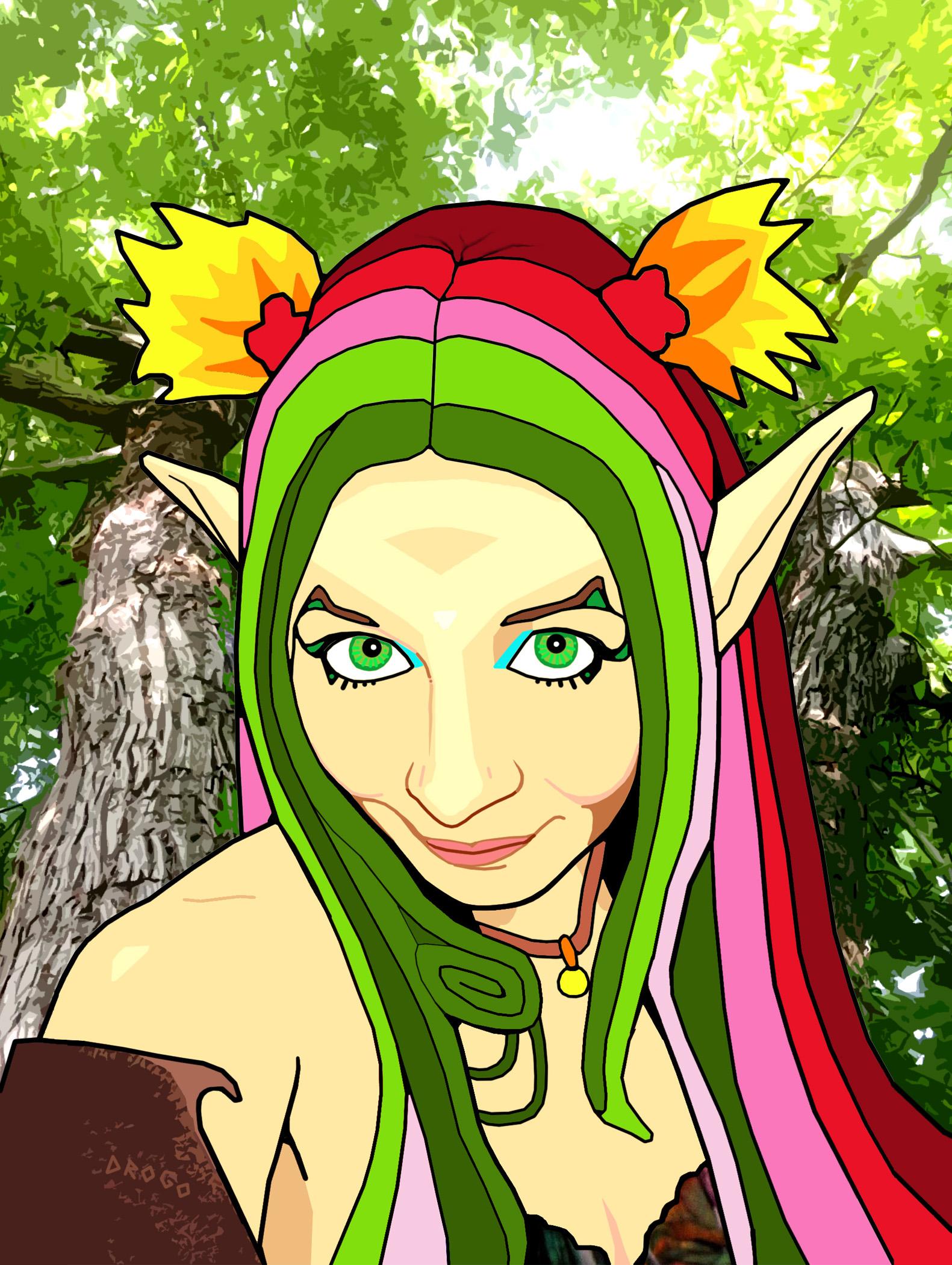 Portrait of a female woodland spirit. She is part pixie, brownie, sprite, and dryad; she represents faery rainbow power diversity!