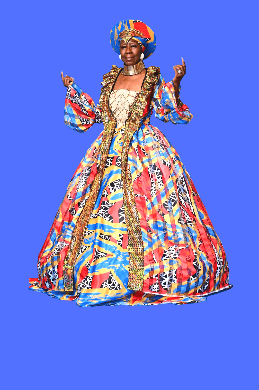 Introducing Queen Ramonda, a dress that embodies the strength, power, and diplomacy of Black women. Inspired by the Marvel character, this piece pays homage to the leadership and motherly roles of Black women. The print of the dress was adapted from a painting called "Waves" by Baltimore-based artist Alphonso Smith, creating a magical piece that showcases the beauty of art and fashion. With this dress, we aim to empower women to embrace their strength and beauty and to feel like the queens they truly are.