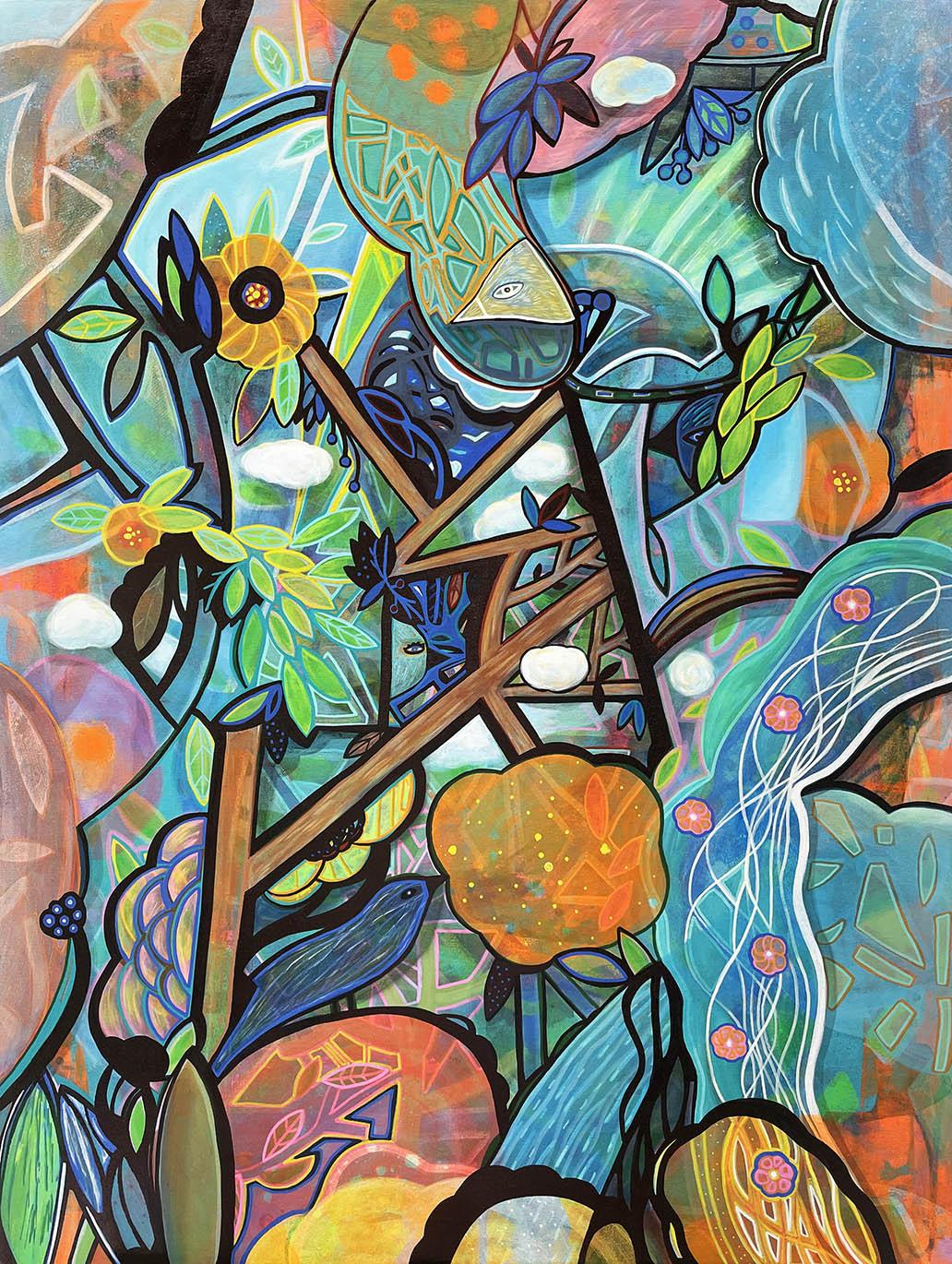 In my backyard is a front-row view of a massive transmission tower—a giant electrical thing right in the middle of everything. Since I can’t move it (or me), I’ve actually come to love it. The lines, the patterns, the way birds treat it like their personal jungle gym… I now call it my big metal sculpture. That’s where this painting came from—turning something industrial into something a bit magical