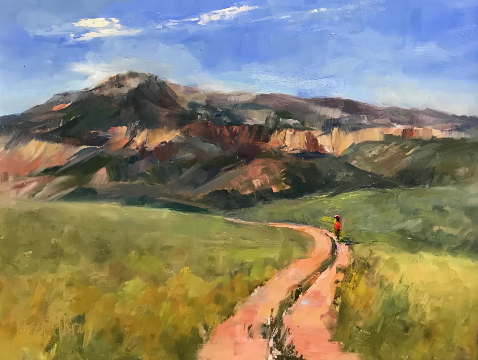 I painted this outdoors, outside of Ghost Ranch in New Mexico, in 2019. The mountains were beautiful with the light hitting patches of the cliffs. Beautiful day to be painting.