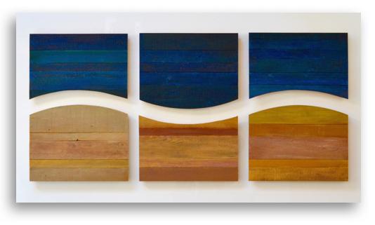 Three-dimensional wall sculpture of floating wood mounted on plexiglass.
