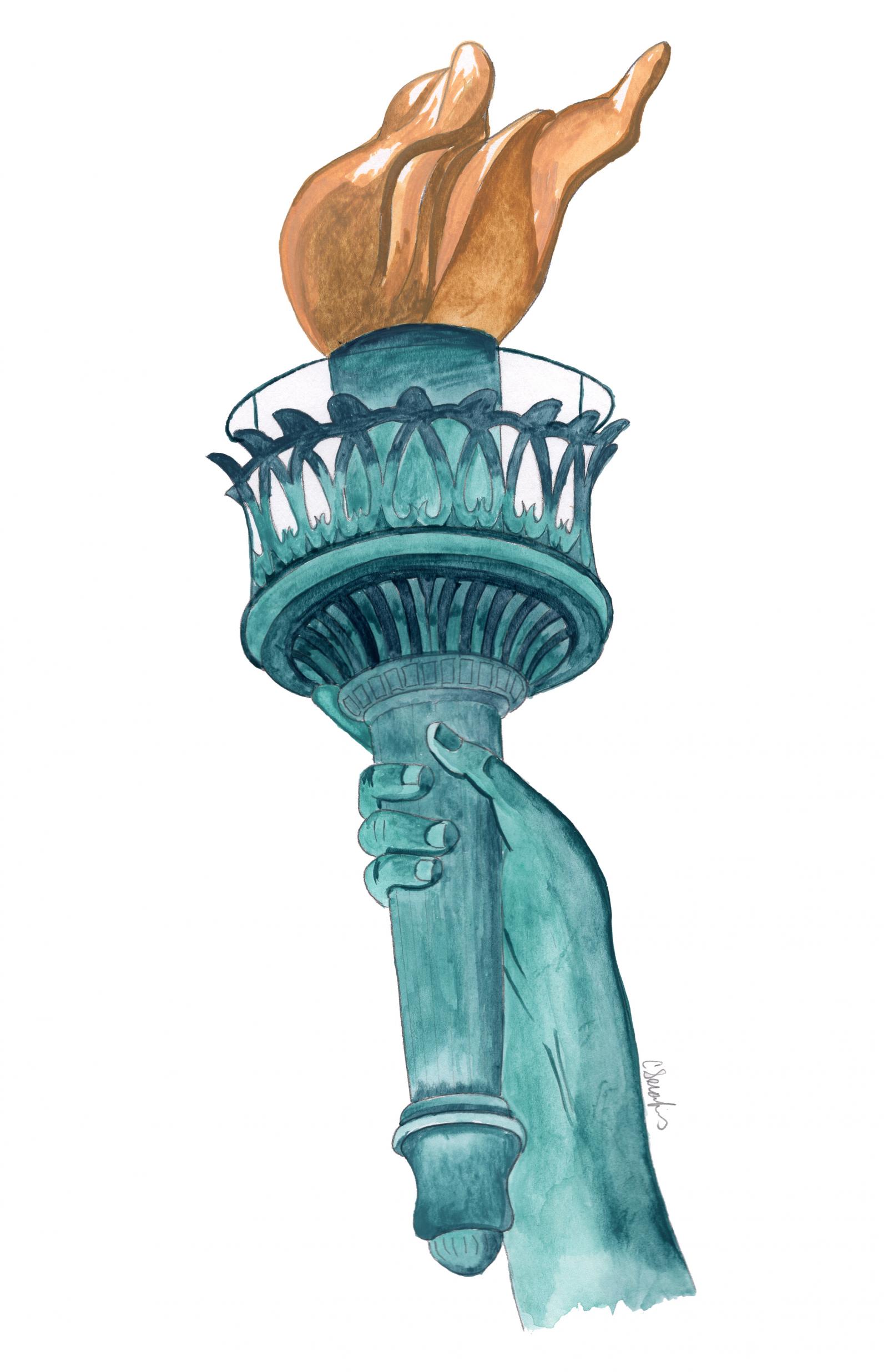 A watercolor painting of Lady Liberty's torch. This painting was inspired by immigrants, who help make our country great.