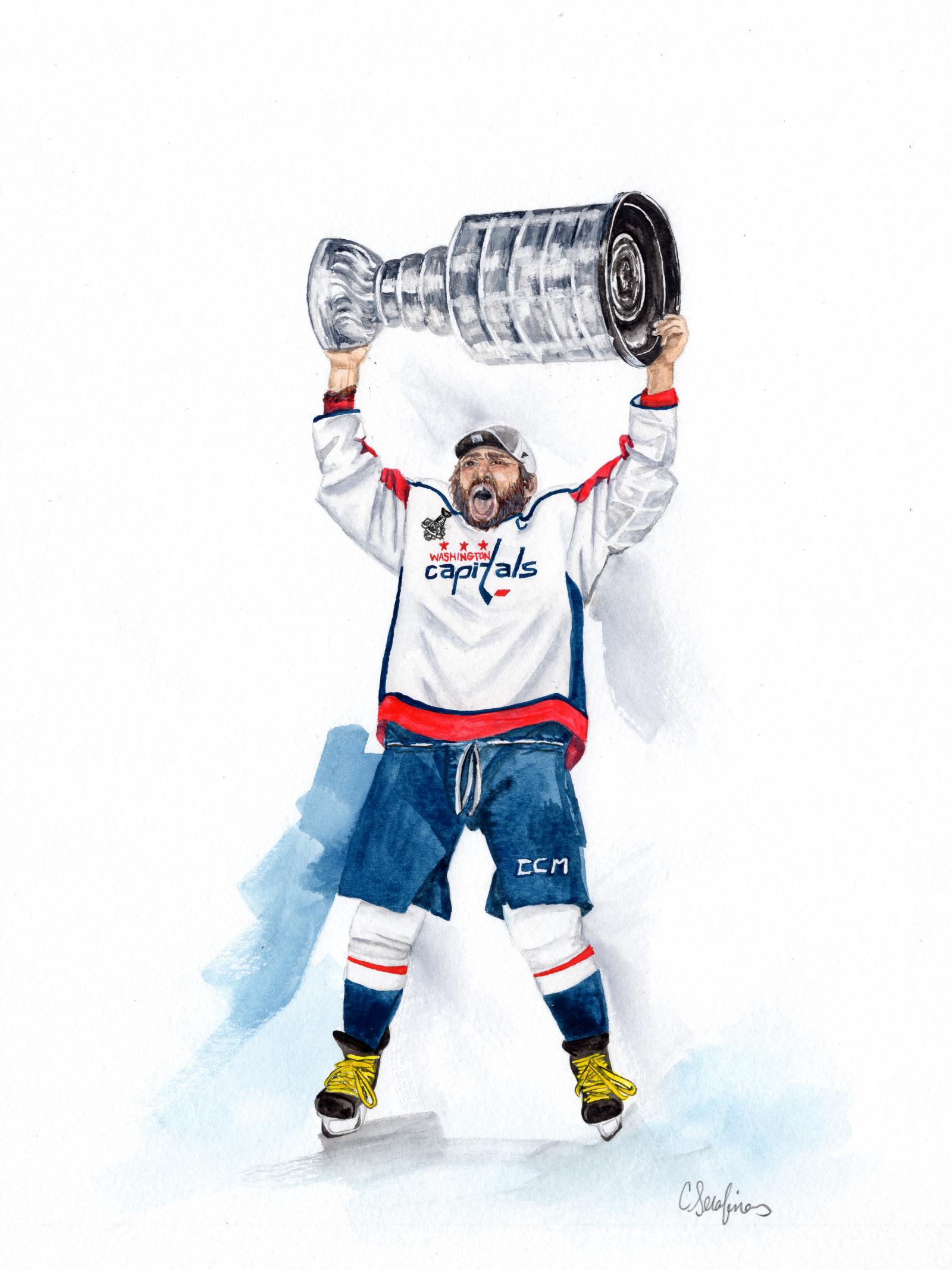 Figurative watercolor painting of hockey player, Alex Oveckhkin