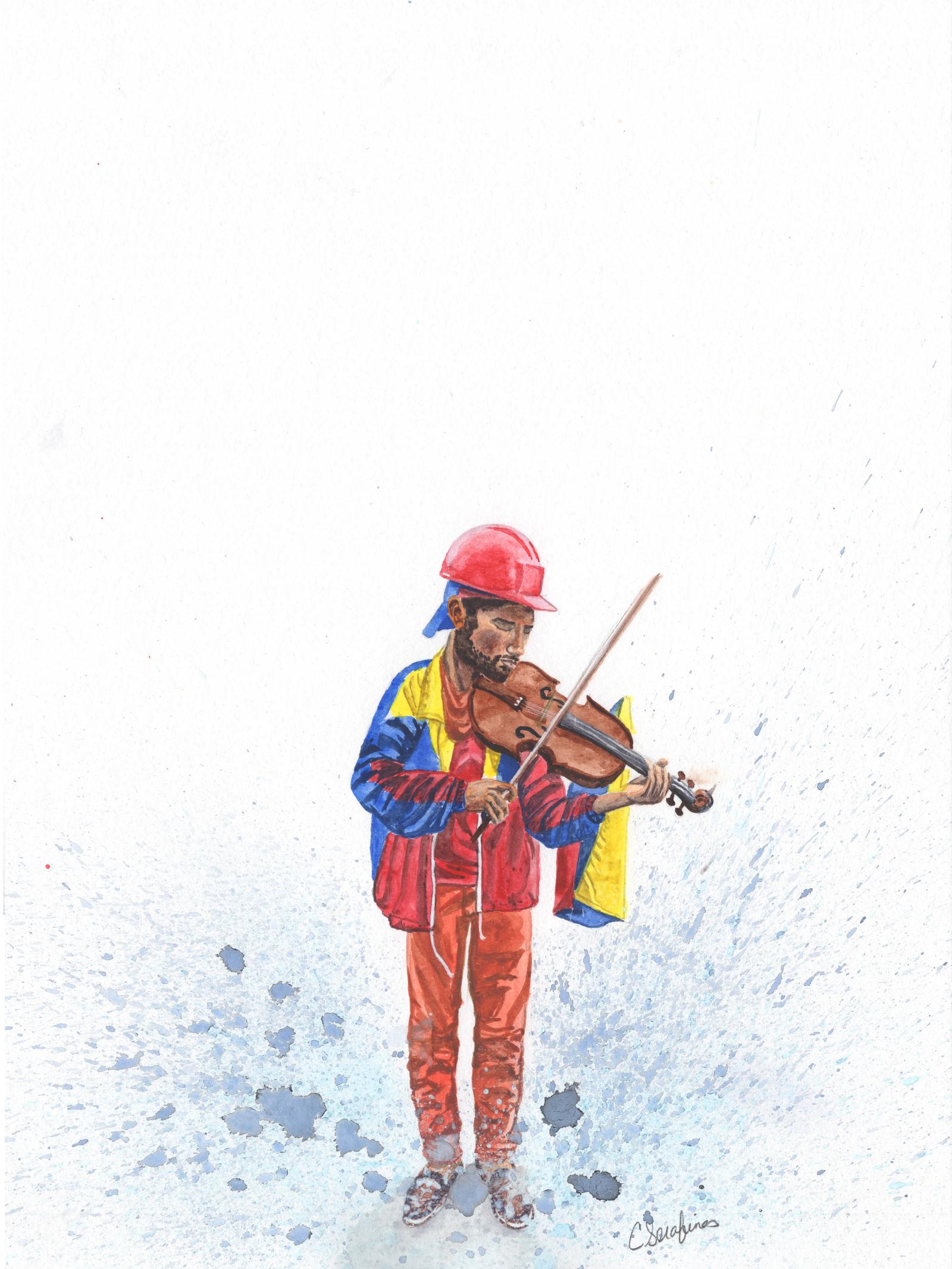 Figurative watercolor painting of Venezuelan violinist, Wuilly Arteaga, famous for playing his violin in the middle of Venezuela’s deadly protests.