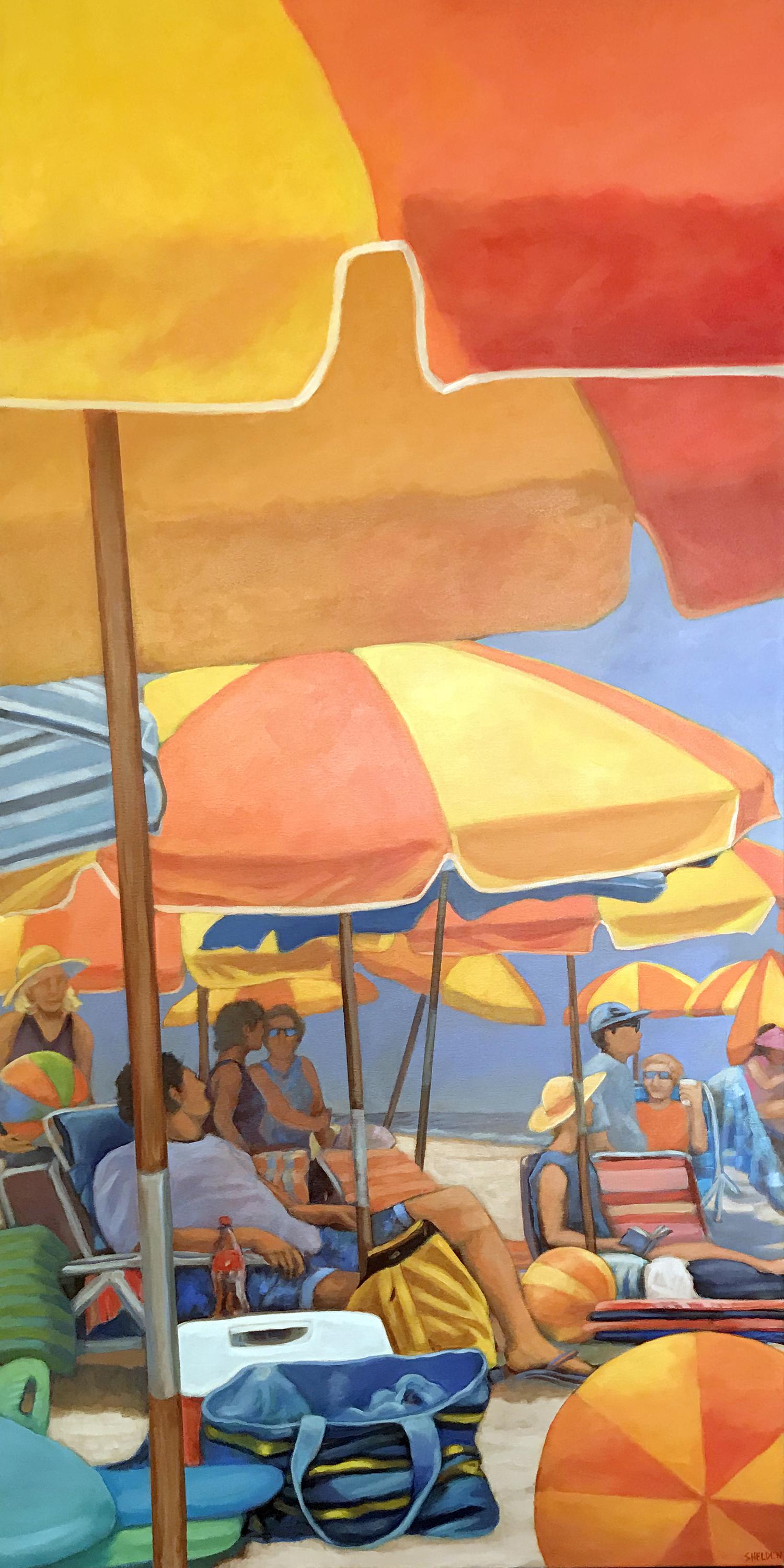 People under bright colored umbrellas at Ocean City
