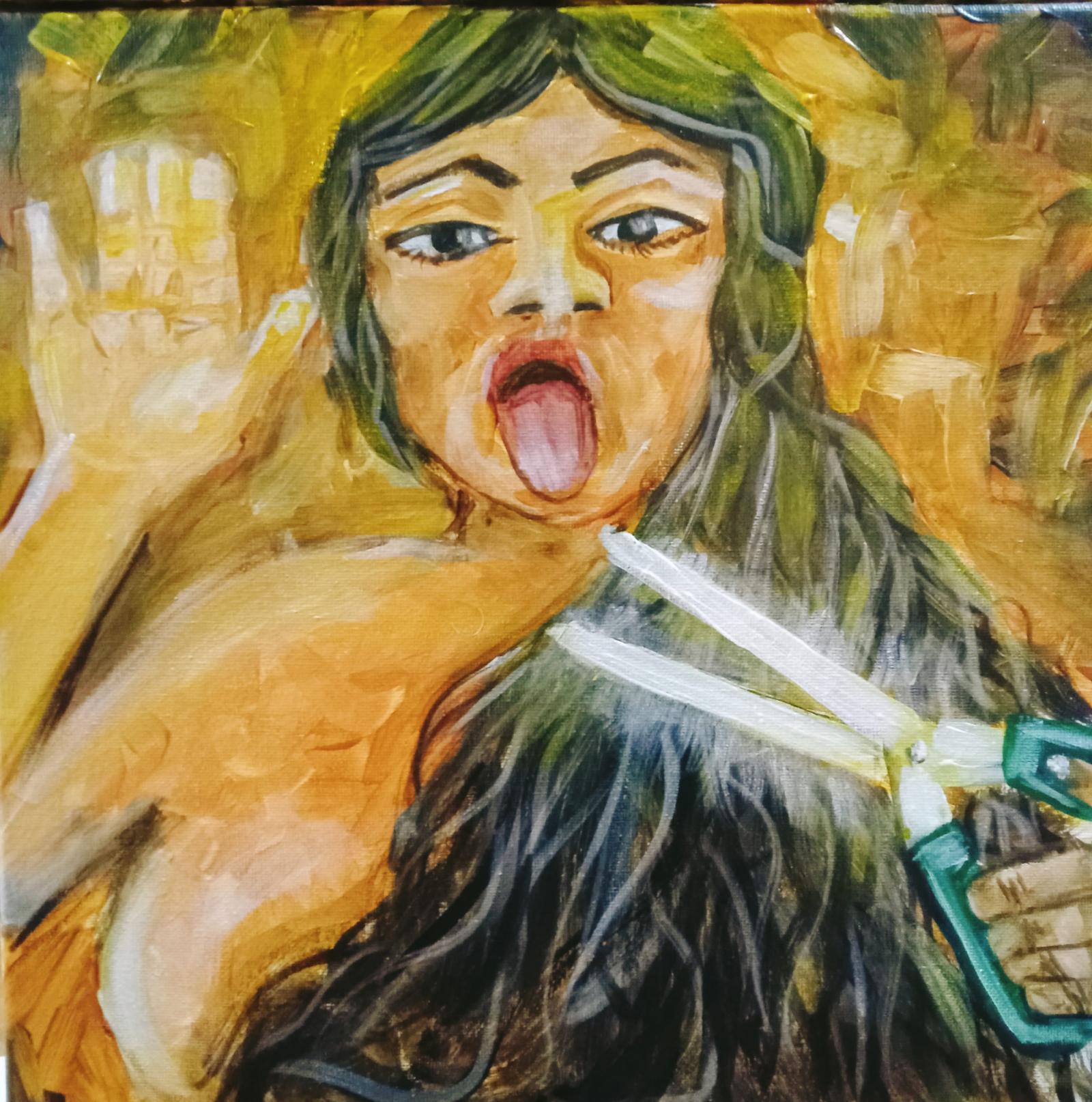 The women of Iran inspired me for the painting. The tongue of the figure is an echo of the ferocious Indian goddess Kali.