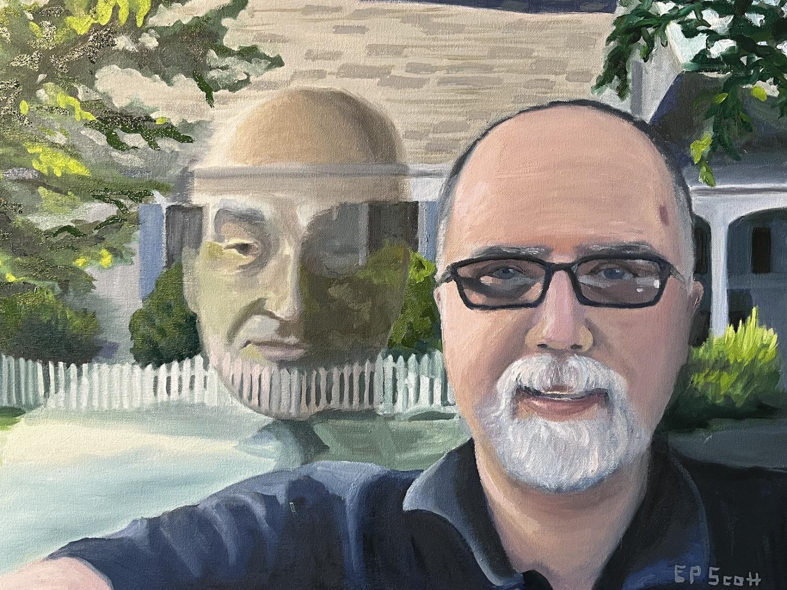The summer after I found my birth father, I visited the places in Ohio where he grew up. I took a selfie in front of a house in Bay Village built by his father.
In this piece, I insert my paternal grandfather into the picture, standing behind me. I was happy to discover this heritage, and the whole experience of the trip was dreamlike.