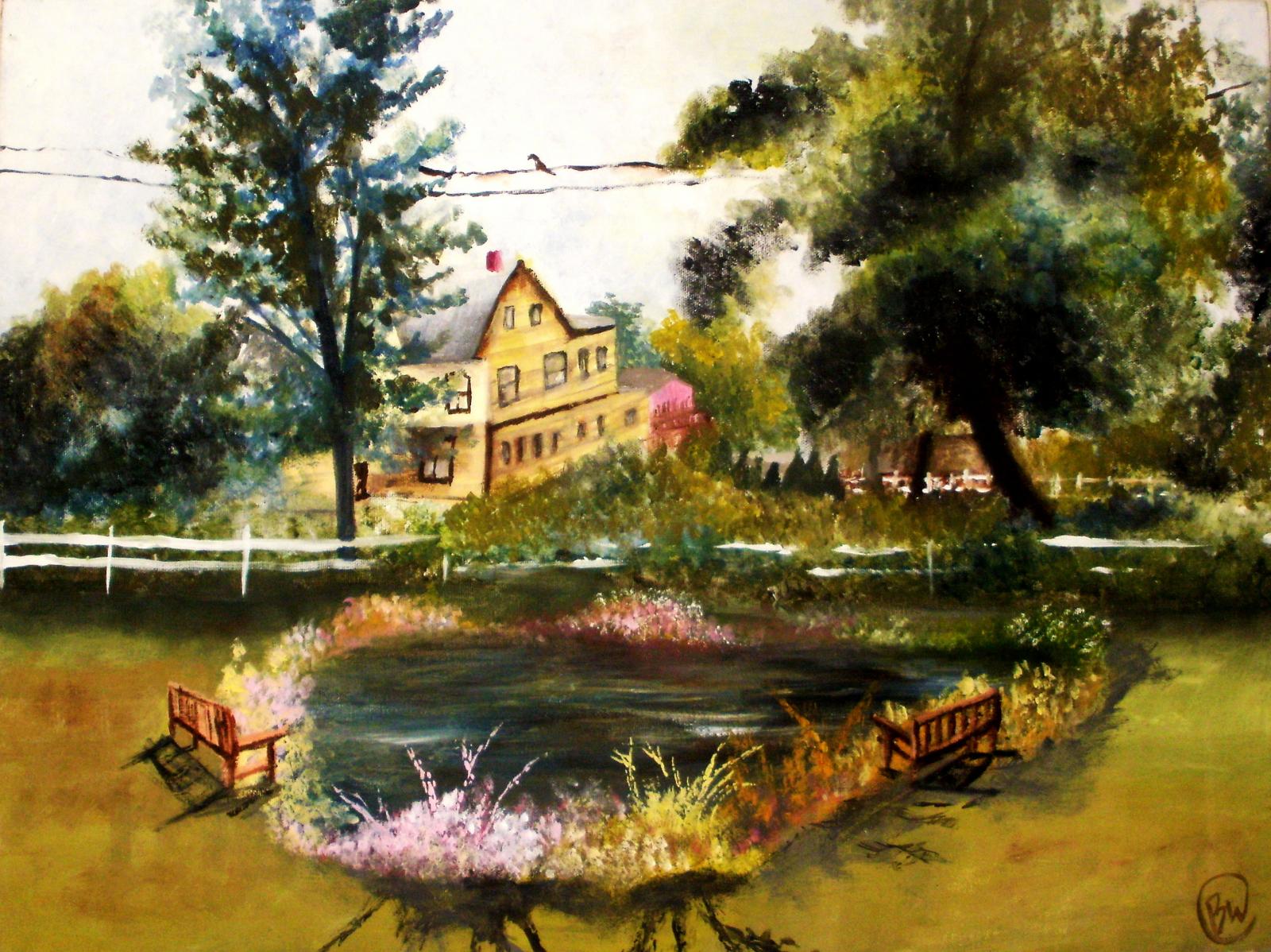 This is an 18x24 in painting which depicts a peaceful spring afternoon. I used a variety of greens in the shrubbery and trees to create a realistic look. Using a medium sized brush, I used a continuous blotching technique to create clumps of overlapping leaves. I used a fan brush to create the branches of the trees, and dabbed the individual leaves with a fine point brush. The focal point of the painting goes towards the center where the pond is, however it also brings a certain unity to the painting. The fence and telephone line also create a sense of directional line going across the painting.