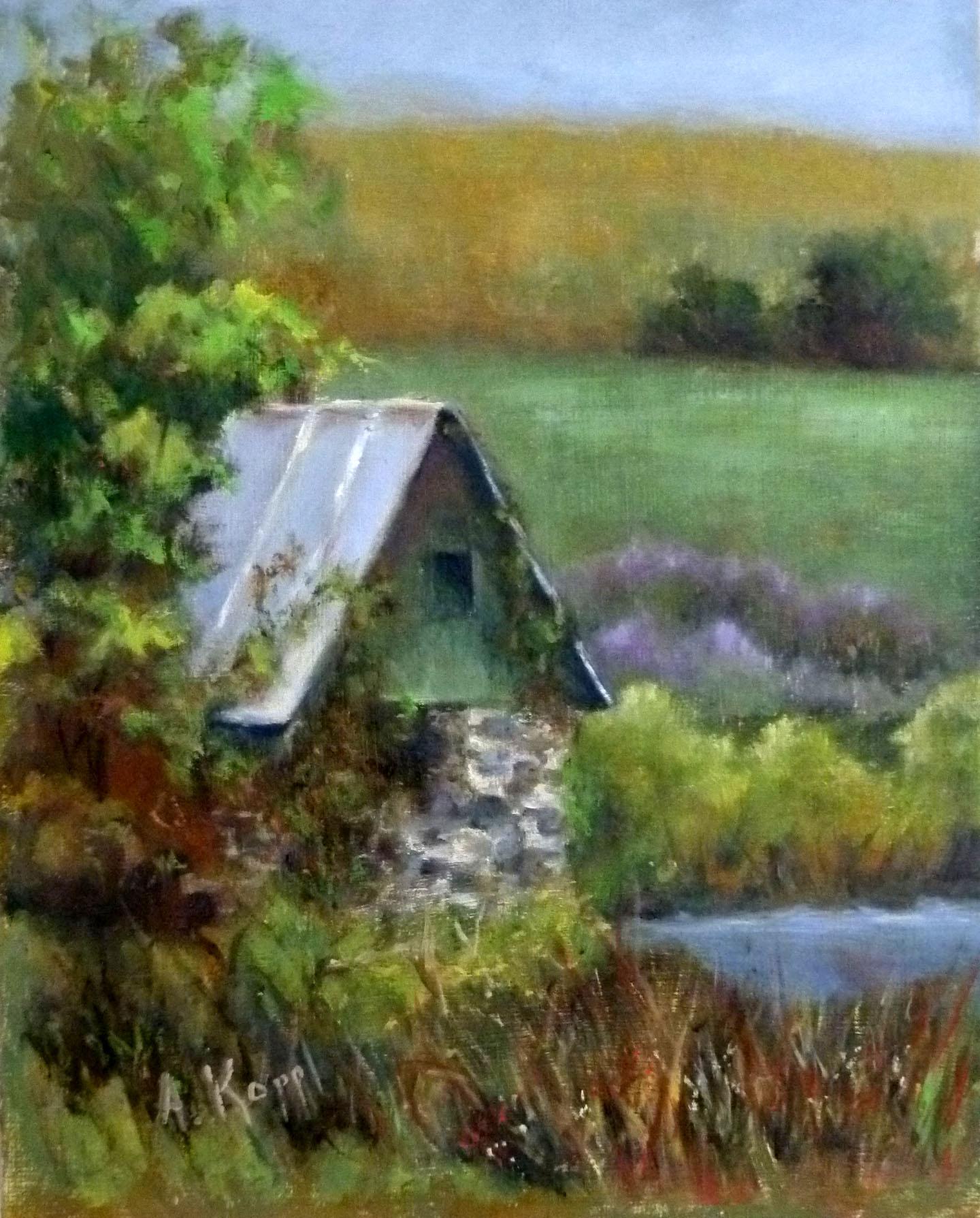 Plein air oil painting of the Spring House as seen on the Ma and Pa Trail