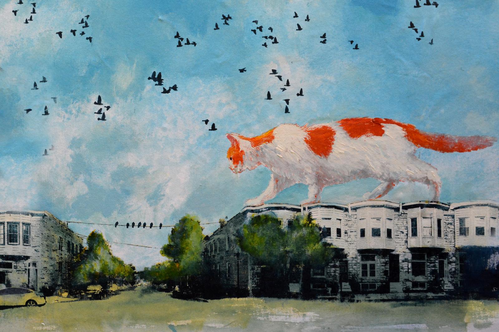 A painting which features a giant cat.