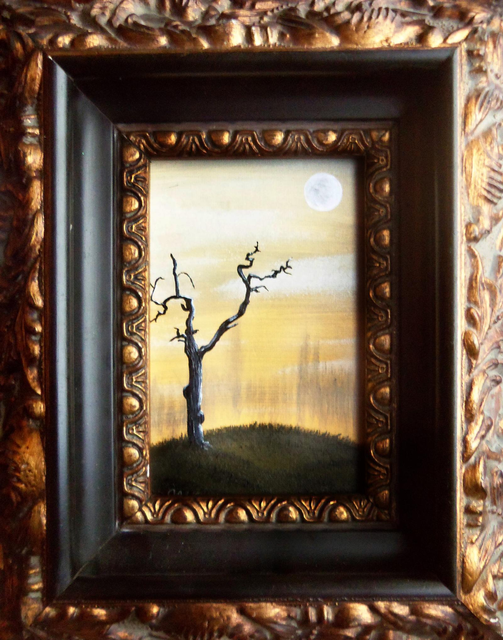 Acrylic small 3x5 postcard sized image of a lonely tree that has succumbed to the elements of nature.