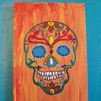 Sugar skull painted with acrylic on left over flooring samples from home depot