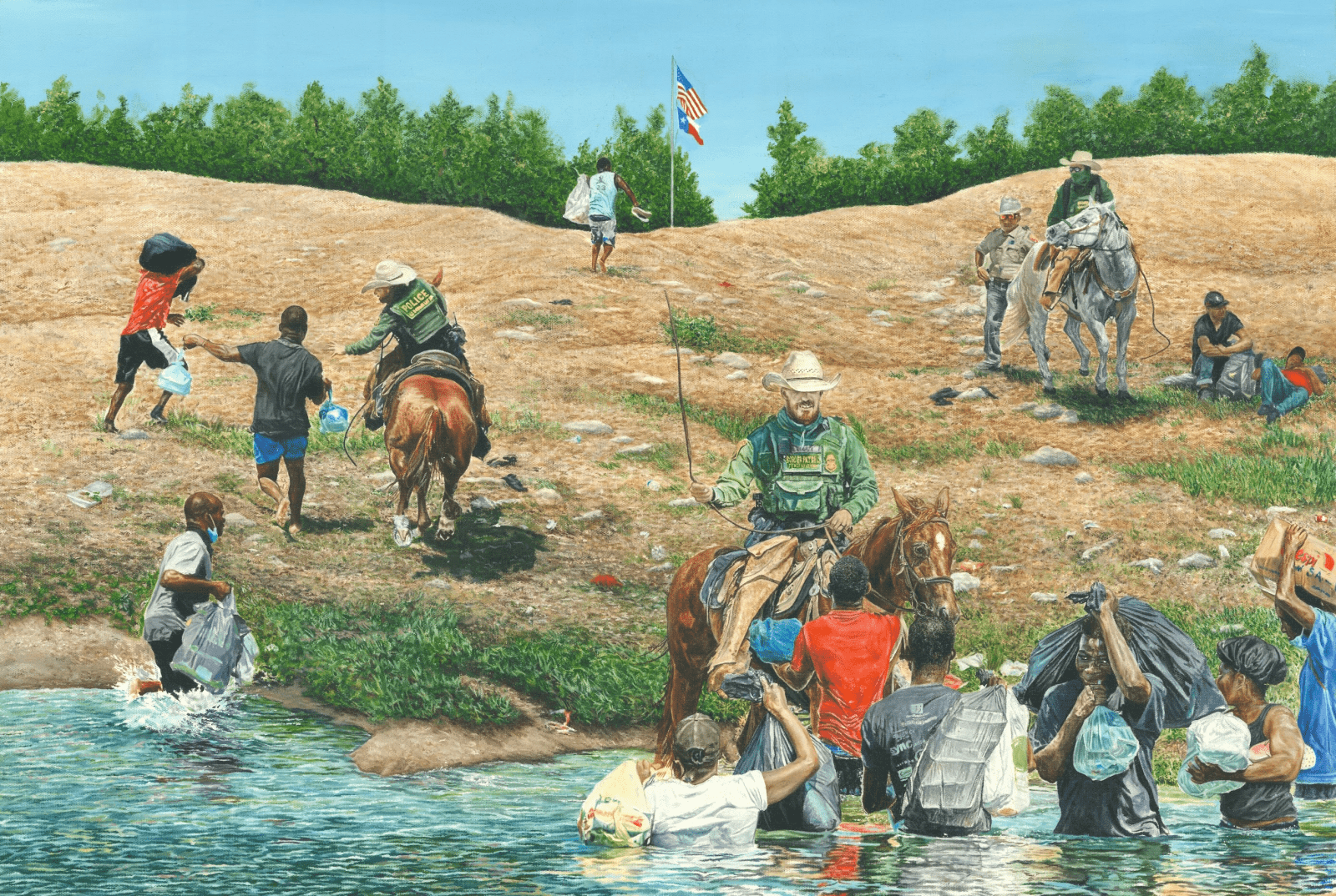 "A compilation of Paul Ratje's ﻿photographs at the US Border in Texas compiled into one painting. Depictions of real imagery taken as Haitian's escaped Haiti and attempted to come to the US as refugees. As spectators and viewers i would love for you to view this painting and see your self journey and what hiccups would occur from a disruption of normal life like what is depicted. What problems could occur what kind of faith you held in your own future and what it would to take to literally come out of the mud and make that a reality."