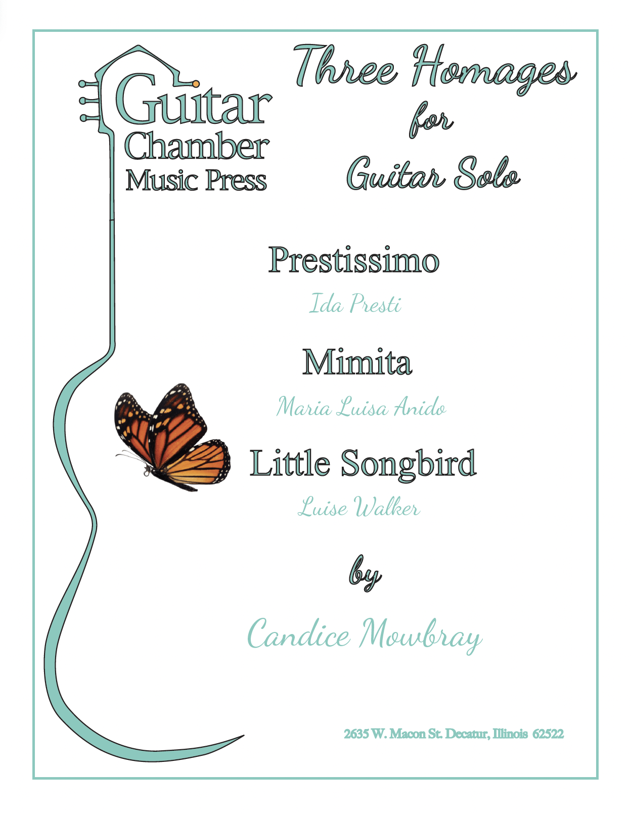 Three Homages are musical tributes to three of the great guitarists of the twentieth century: Ida Presti from France (1924-1967), Maria Luisa Anido from Argentina (1907-1996) and Luise Walker from Austria (1910-1998). Presti, Anido and Walker were brilliant guitarists with incredible careers who gave concerts throughout the world, made recordings, composed, and earned the utmost respect and admiration from critics, colleagues, students and audiences. The scores are available at www.guitarchambermusicpress.com/candice-mowbray.
