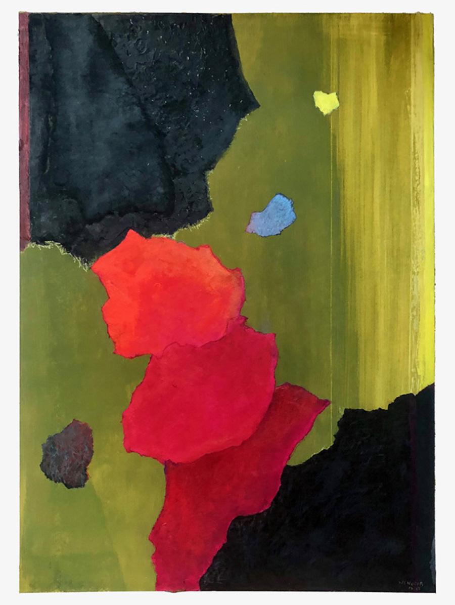 This is a bold, abstract, mixed media piece. The red-green color draws the eye and tries to dominate the piece. However, yjr smaller "cast-off" fragments draw the eye away from the center and help to create a sense of space. The piece also requires close attention to notice that the blacks are not entirely black, the varying shades and shading of red, and the red reflections in the fragments.