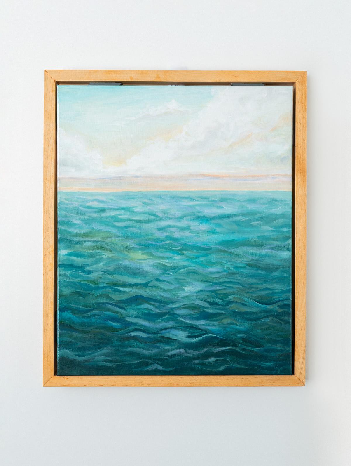 This turquoise, impressionistic seascape painting is painted with acrylic on canvas.