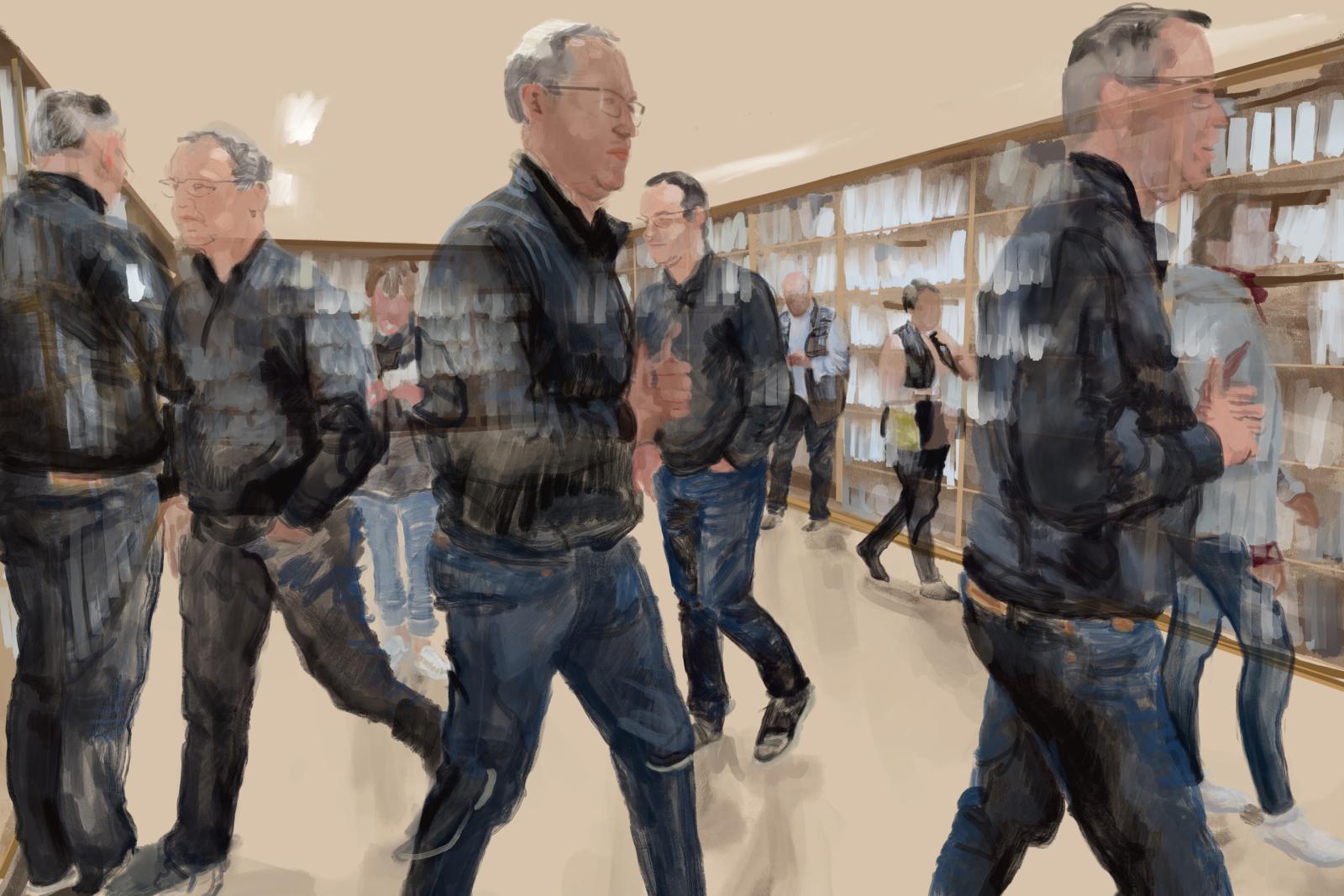 This is a digital painting from my Museum series, that documents the reactions and movements of visitors in museums around the world. This digital painting is from a visit to the Museum of Old and New Art  in Hobart Australia. 
