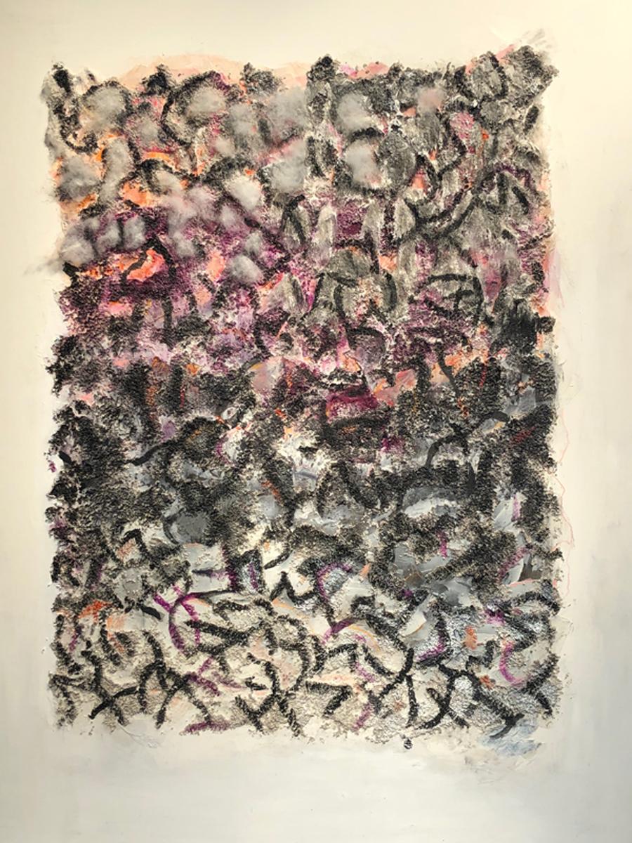 This mixed media piece uses bold character- like gestures to create a kind of pattern. The boldness of the pattern is then mitigated by a pumice like texture, cotton, and colored paint.