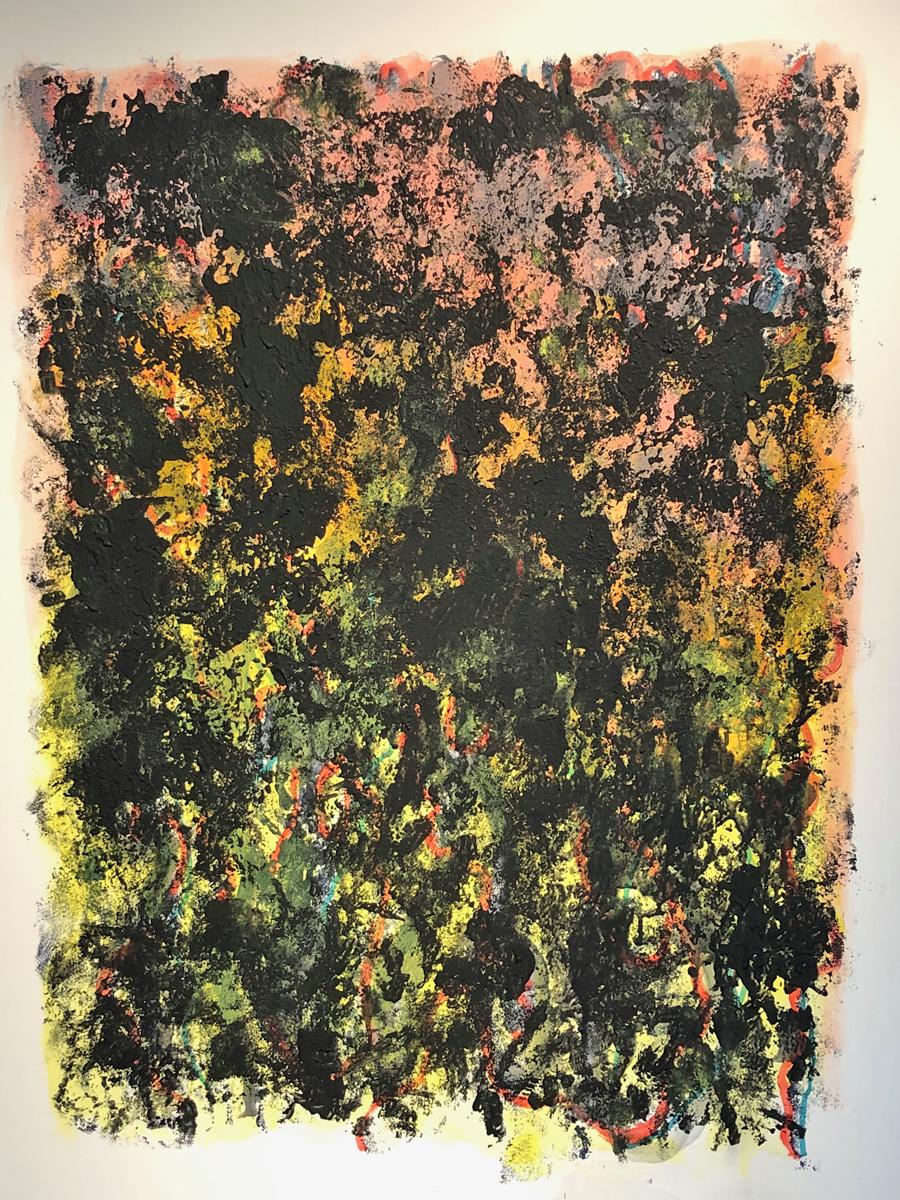This piece is patterned with black paint. Unlike Untitled 100, there are no character-like gestures. Instead the black paint comes in patches and blobs. Various colors, particularly yellows and greens light up the piece while areas of pink and gray cover over some of the black. This piece was created primarily with a paint roller that was covered with dried acrylic paint and medium to make the roller surface uneven.