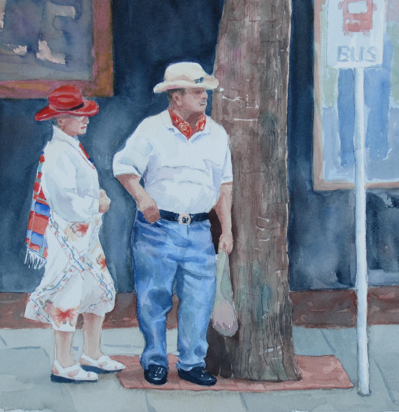 watercolor of a couple at the bus stop