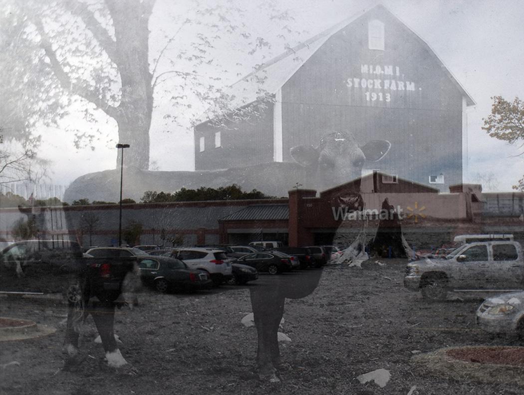 Digital image combines old photograph of artist's grandfather's farm with a contemporary picture of a Walmart parking lot