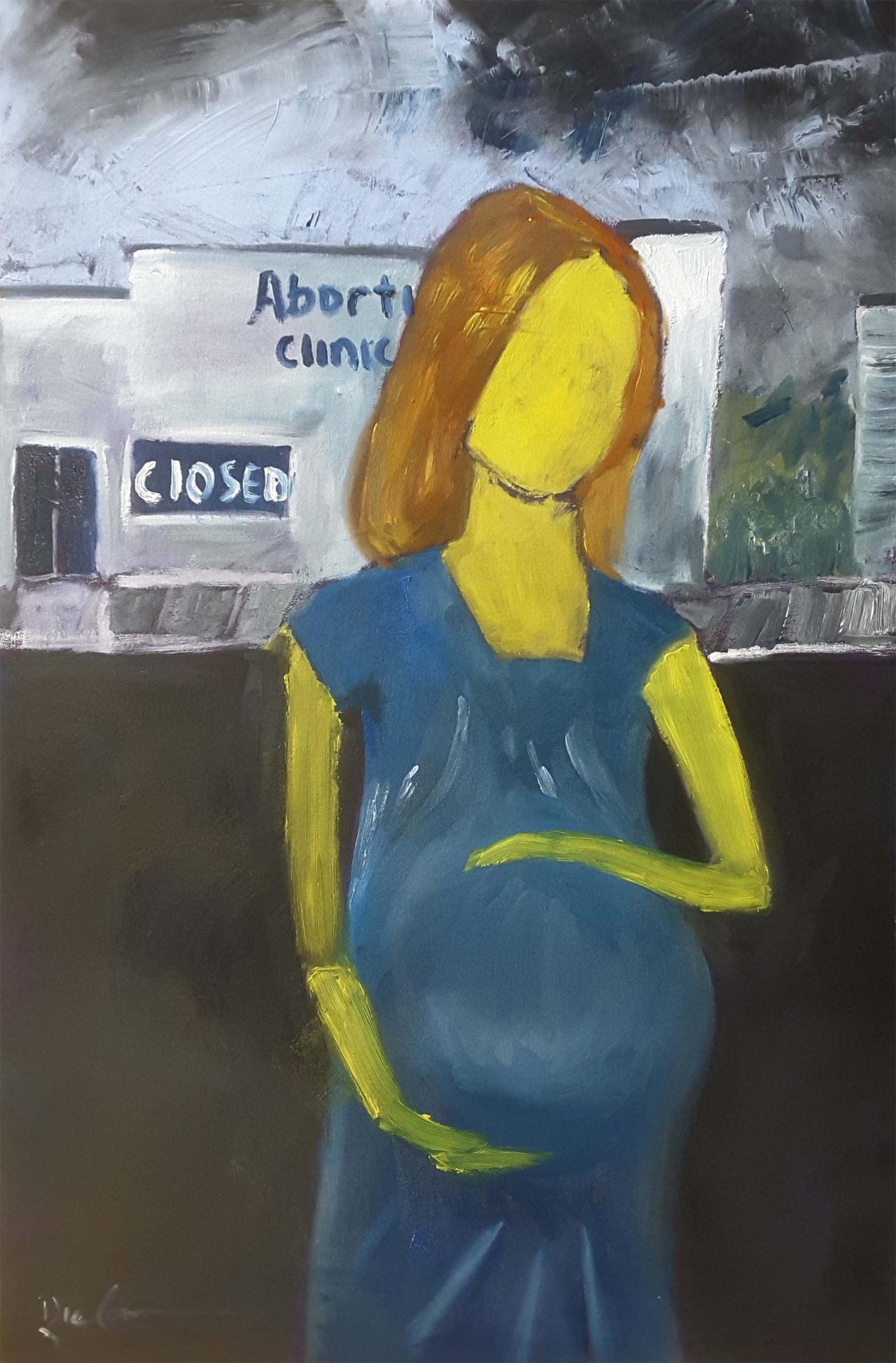 What if she were your daughter
because the abortion clinic forced to close the girl when she became pregnant could not get an abortion. I put her in the foreground of the painting to show the result. The face is blank to show that she could be anybody's daughter