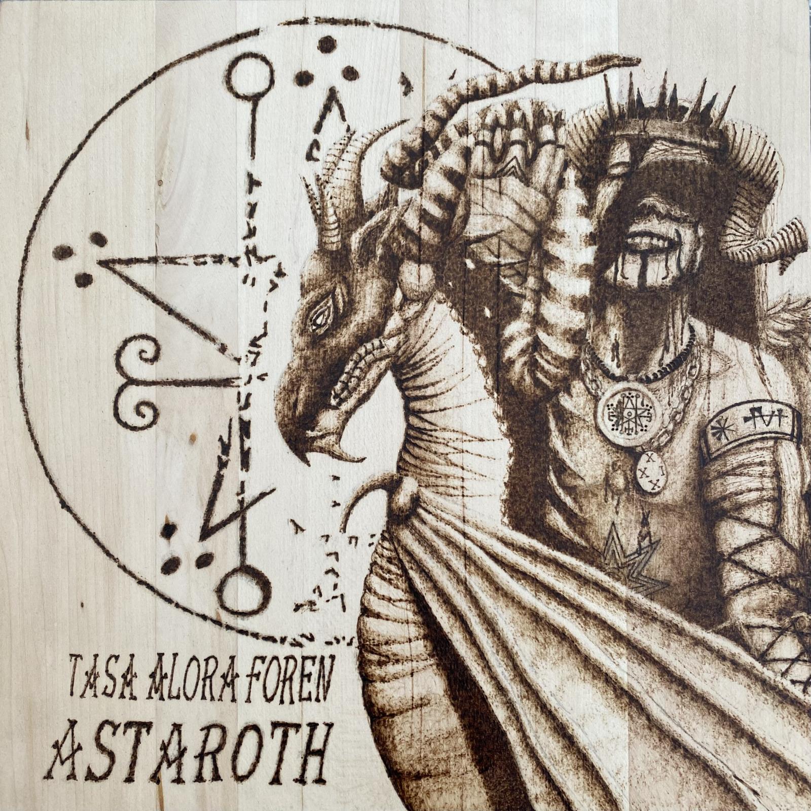 This piece was completed by burning the design into a basswood panel using pyrographic techniques. It was created as an altar piece to the deity Astaroth and features my interpretation of his physical description as laid out in the Ars Goetia.