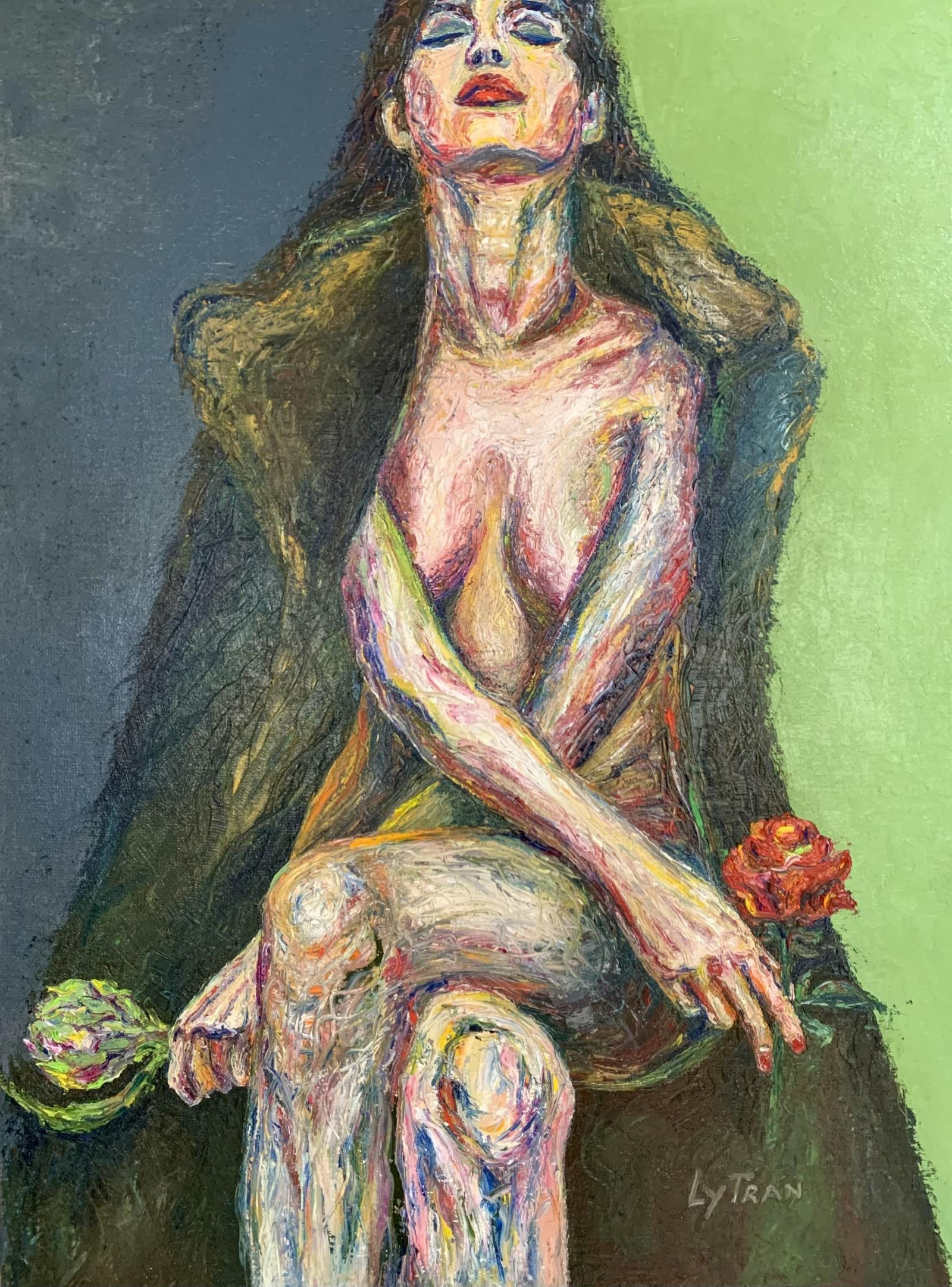 The work "Woman 40" I drew about the mood and emotions of a woman when she turns 40. Age 40 is not young but not old either. Turning 40 can be an exciting time in life, where women gain wisdom, experience and a sense of confidence in who they are.
I use the image of two flowers in the painting: The rose symbolizes the desire for love. Artichoke flowers symbolize the desire for peace.