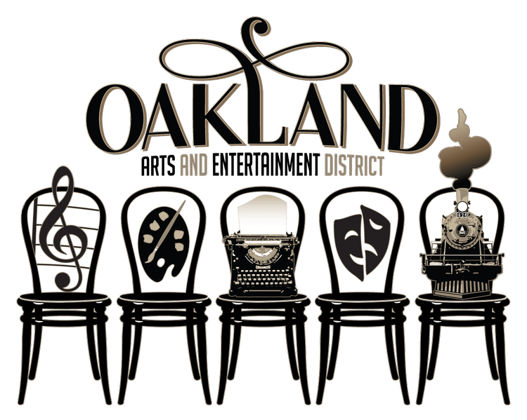 Oakland Arts and Entertainment District logo. 5 chairs
